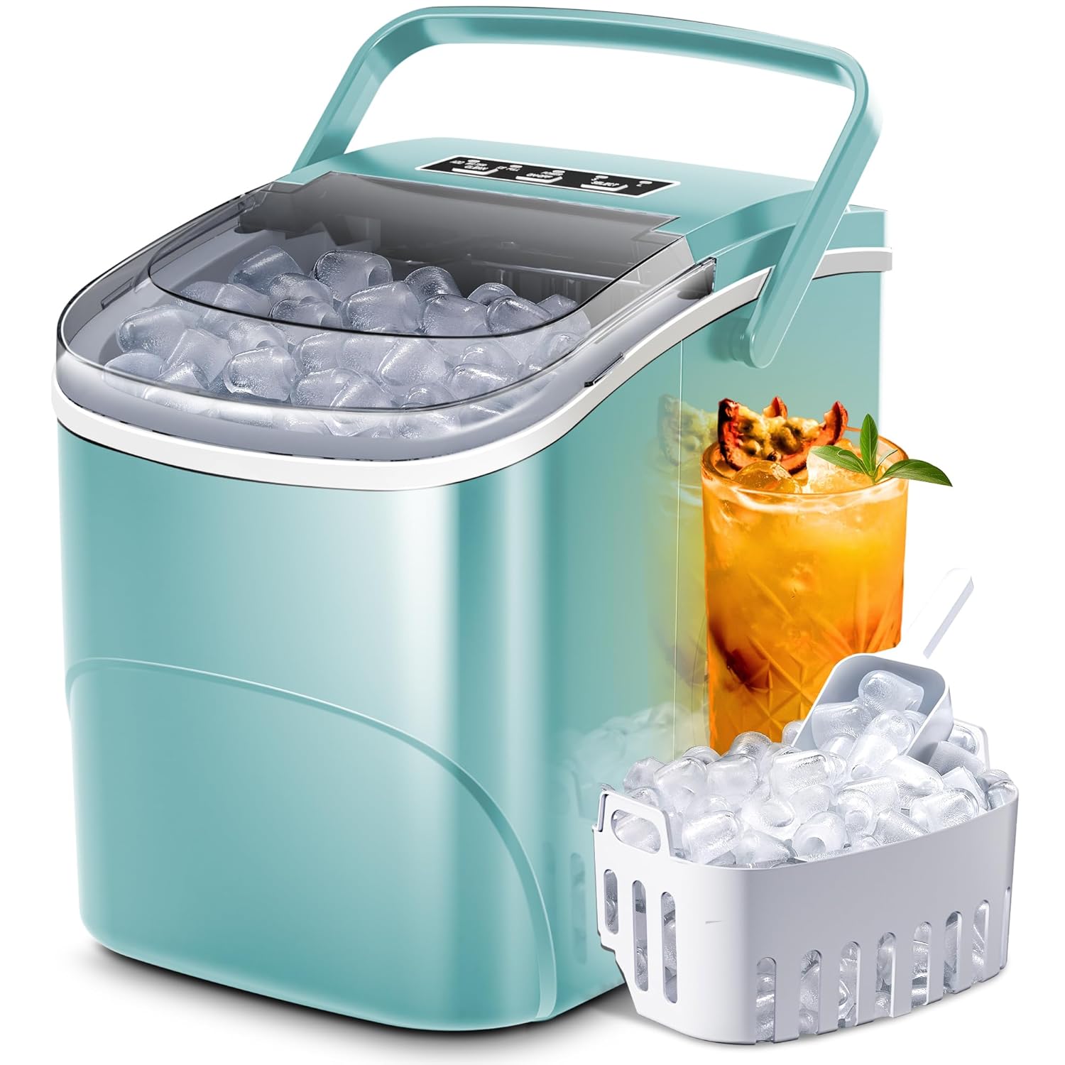 Crzoe Ice Makers Countertop with Carry Handle,26Lbs/24H,9 Cubes Ready in 6 Mins,2 Sizes of Bullet Ice,Self-Cleaning Function,Ideal for Home/Kitchen(Green)