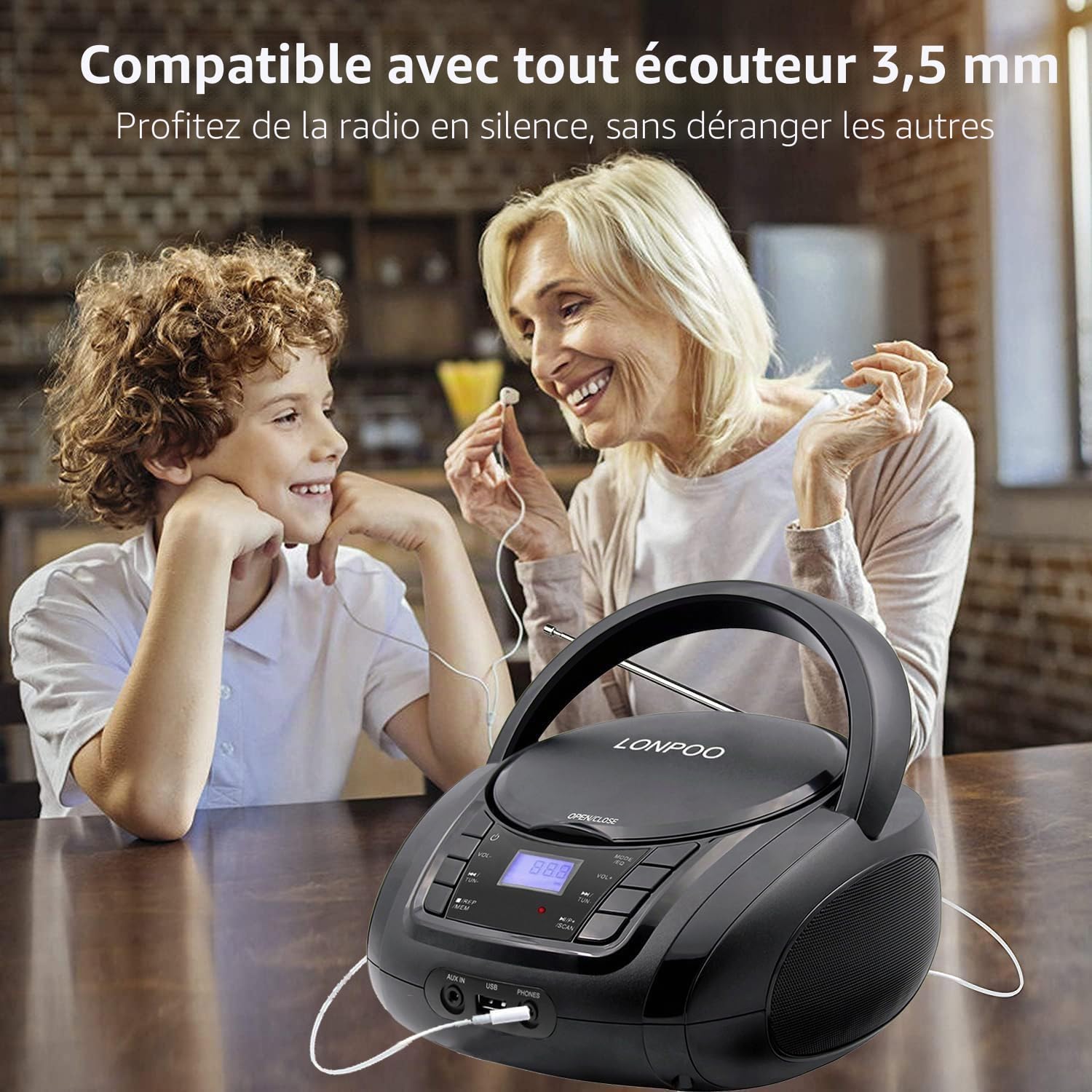 Lecteur CD avec Bluetooth, LP-D03 Radio FM Portable Stéréo avec Son Cristallin, Lecture MP3, Entrée USB et AUX, Prise Casque, Ecran LCD