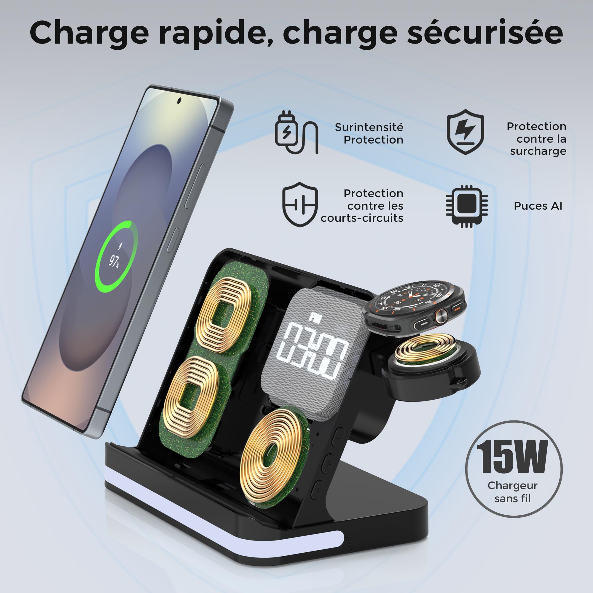 Chargeur Induction 3 en 1 pour Samsung avec Réveil et Veilleuse, Chargeur sans Fil 15W pour Galaxy S25/S24/S23, Galaxy Watch 8/7/6 et Galaxy Buds 4 Pro, Chargeur Rapide pour Samsung avec USB-C