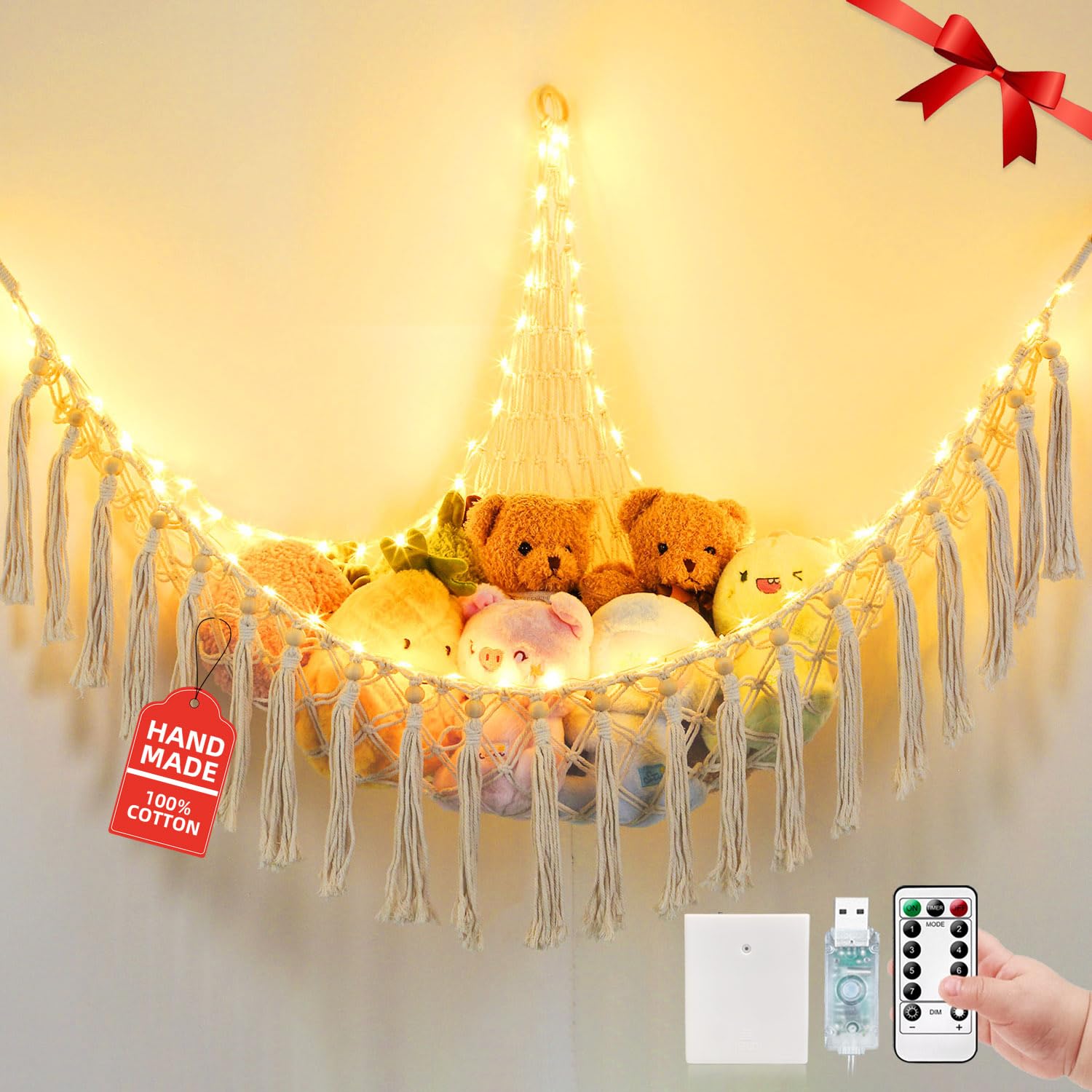 Stuffed Animal Hammock with 75LEDs, Extra Large 55in Toy Storage Macrame Hammock, Hanging Toy Net for Kids Bedroom Doll Room Corner Organizer, USB