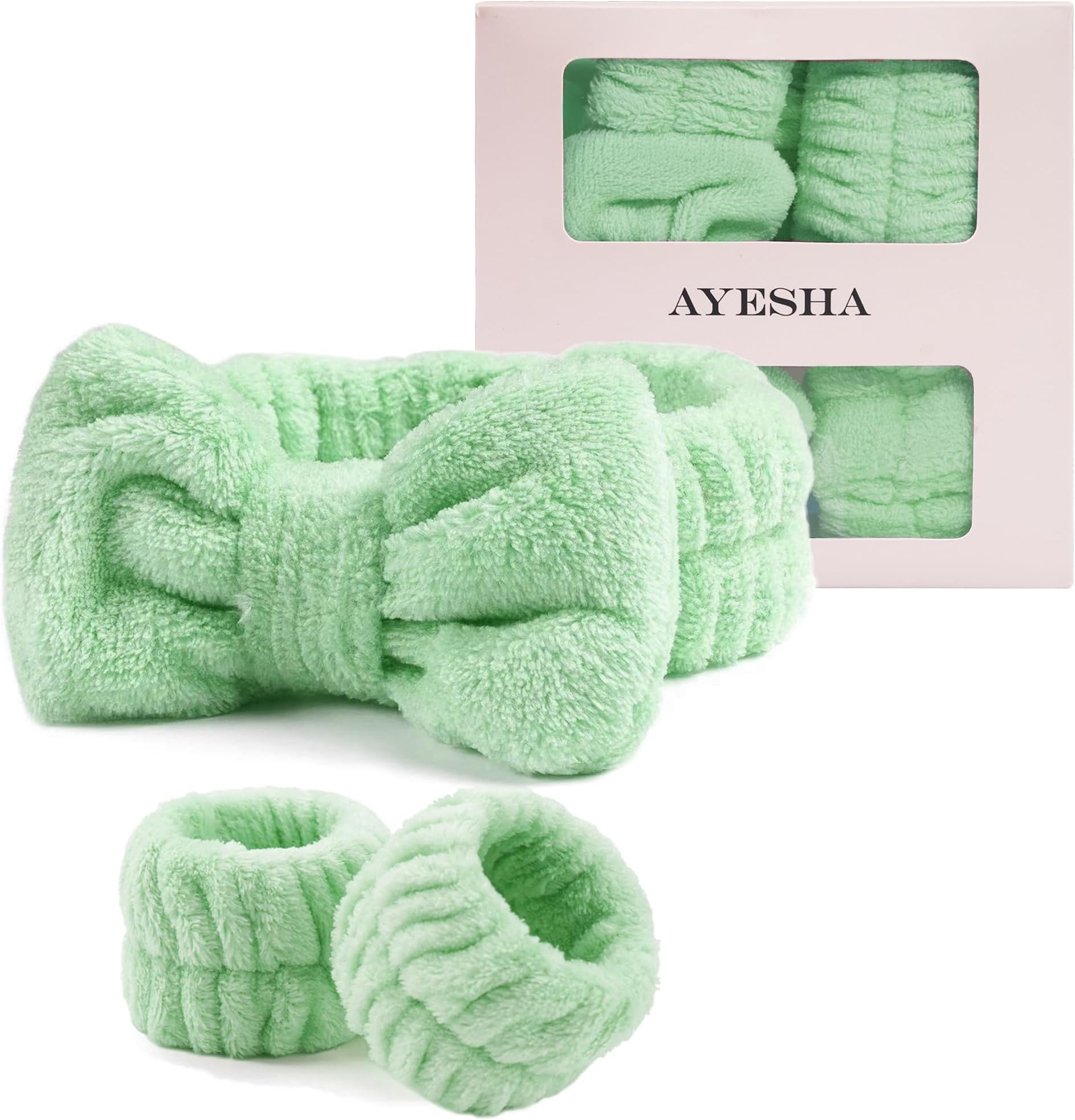 Ayesha Green Spa Headband and Wristband Set for Skincare Makeup Headband Wrist Cuffs for Washing Face Bubble Skincare Hairband for Women Girls