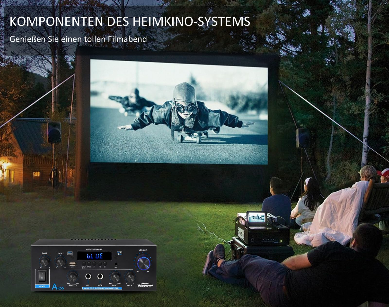 WOOPKER AK55 HiFi Verstärker Stereo Receiver 600W 2.0 Kanal Bluetooth UKW-Radio Opt AUX RCA USB 2 Mic Eingänge