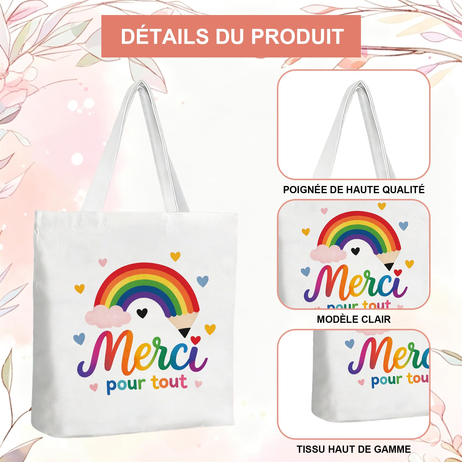 Cadeau Maitresse D'école Cadeau Maitresse 3 Pièces Pour Fin D'année Scolaire – Tote Bag Merci, Porte-Clés Arc-En-Ciel Et Stylo Rose – Tissu Résistant, Design Coloré Pour Professeur