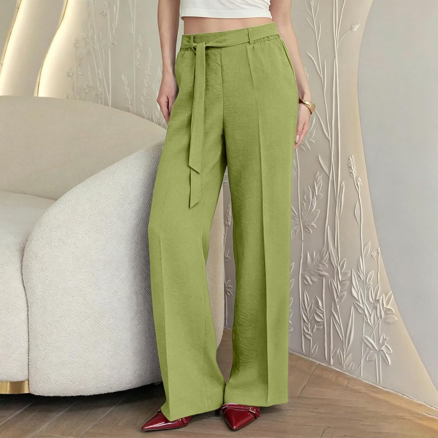 Women's Belted Wide Leg Pants High Waisted Loose Fit Draped Trousers Lightweight Comfy Casual Office Slacks Bottoms