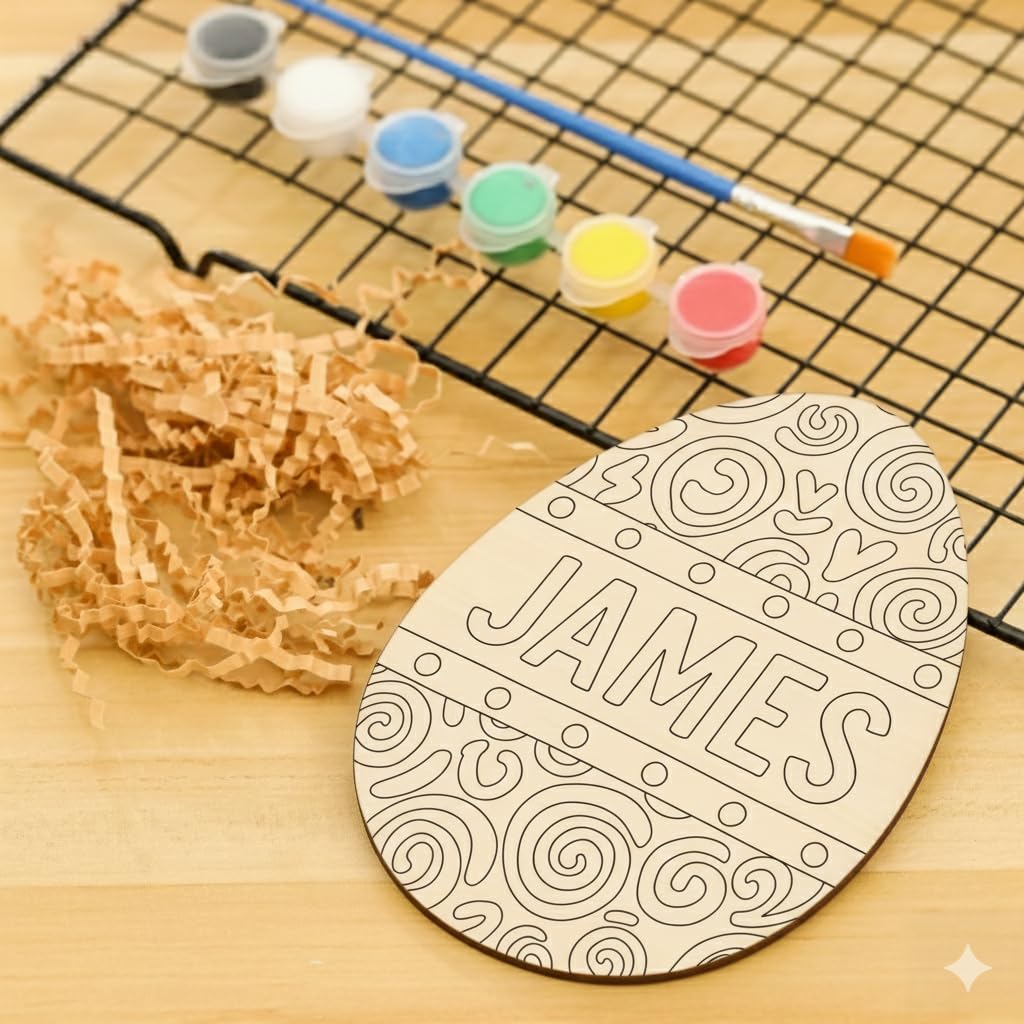 Personalized Easter Basket Stuffers for Kids - Custom Name Fun Swirls Wooden Egg Painting Kit - DIY Paint Your Own Craft with Brush & Paints - Whimsical Spiral Gifts for Boys & Girls Art Activity