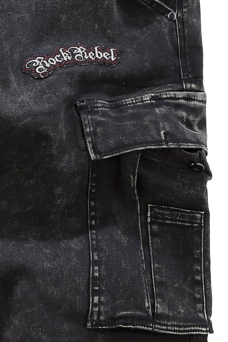 Rock Rebel by EMP Herren graue Jeans-Shorts mit Patches und Ketten