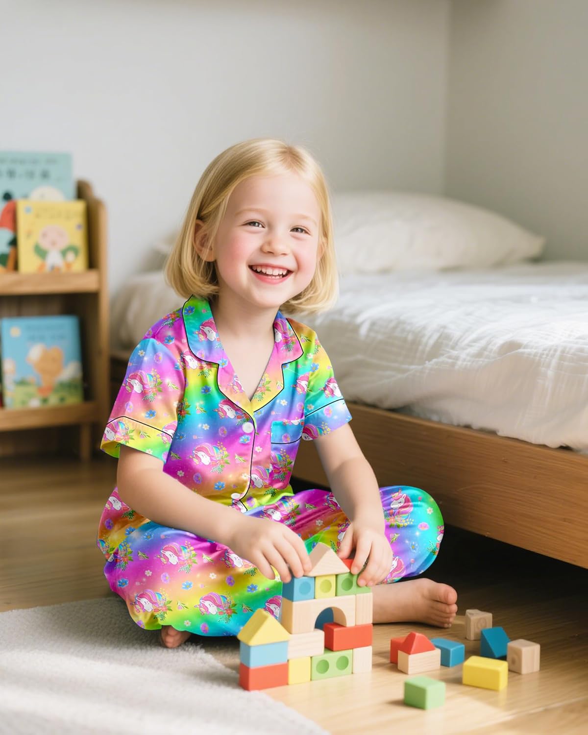 Nidoul Girls Pajamas Silky Short Sleeve Long Pants Cute Jammies Satin Sleepwear Pjs Set for Toddler Kids 3T-10Y - Image 3