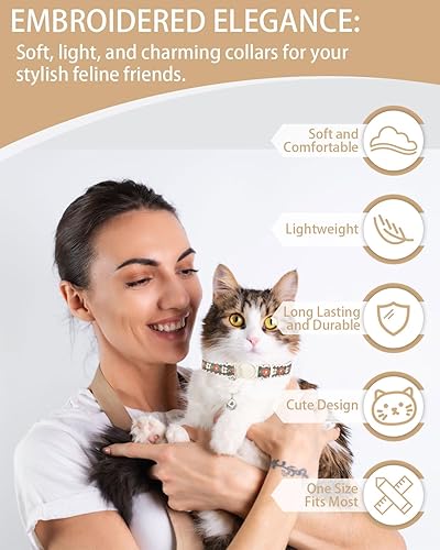 Miniatura 6 de Lindo collar de gatito bordado de flores con campanas, collares de gatos para niños y gatos hembras, ajustable (6.7-12.2 pulgadas) (rosa y morado)