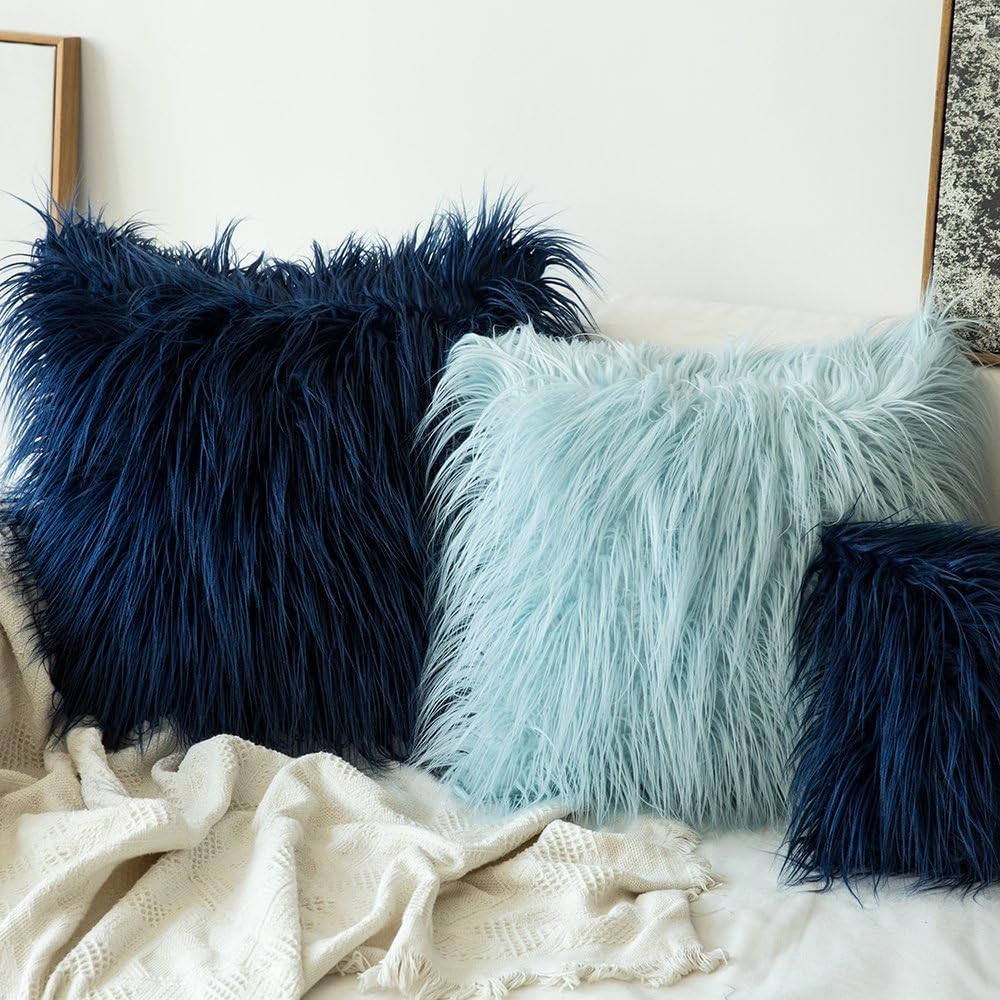 Xiao Hua Pack of 2 Decorative Faux Fur Throw Pillow Covers New Luxury Series Style Fluffy Pillow Case Cushion Cover for Sofa Bedroom Car Navy Blue 18 x 18 Inch