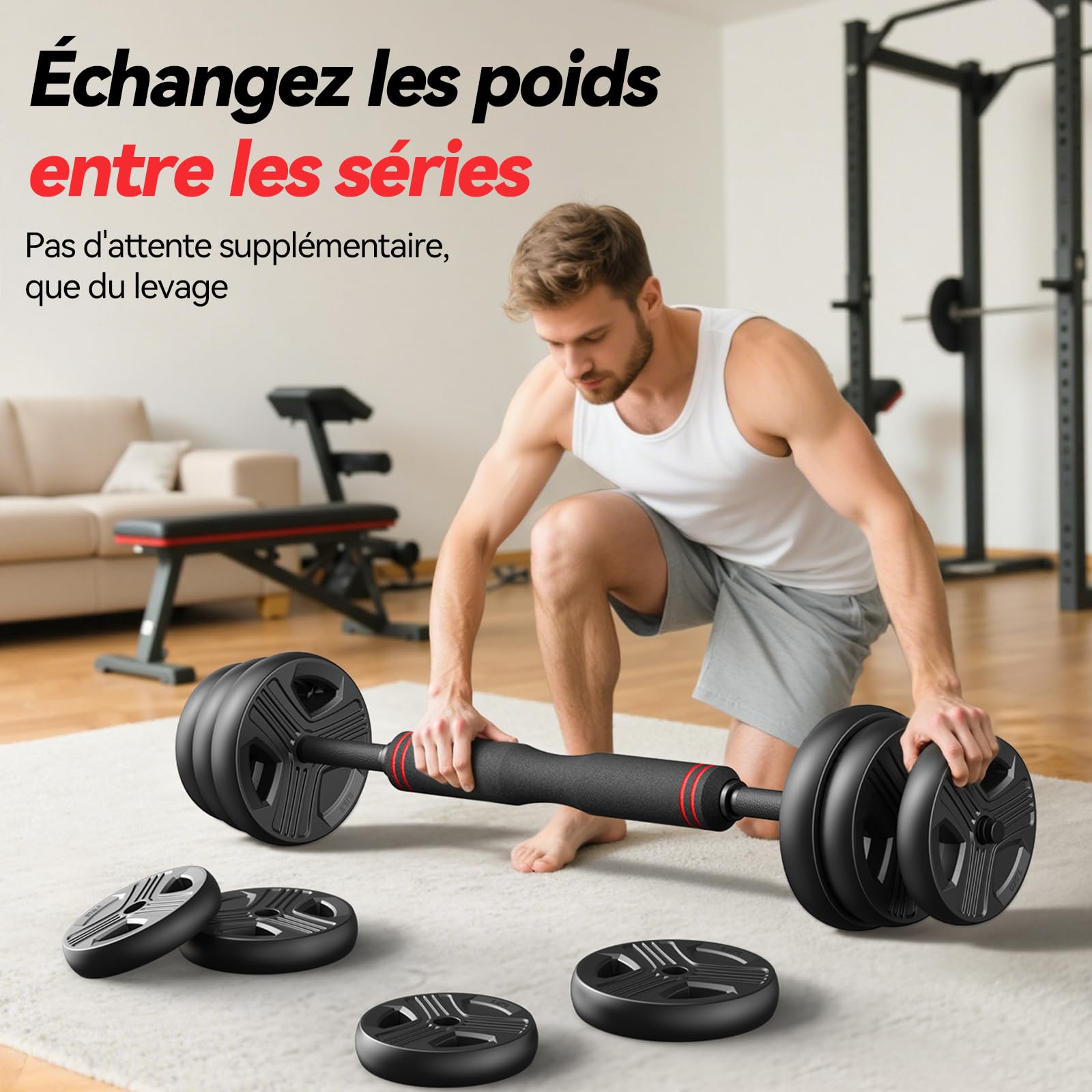 FEIERDUN 10/15/20/25/30/40kg 5 En 1 Kit Haltères Musculation, Poids Réglable, Disque Musculation Dumbbells Barres Pour La Salle De Sport