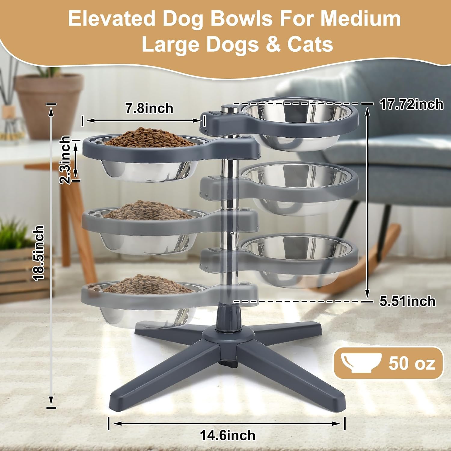 Elevated Dog Bowls Stainless Steel Elevated Dog Bowl Adjustable Height (5.51" to 17.72") Suitable for Medium Large Dogs & Cats Comes with 2 Stainless Steel Dog Bowls Diameter 7.87"