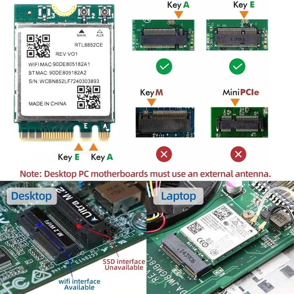 RTL8852CE Carte Wi-Fi 6E, 5374 Mbps Tri-Band 6 GHz/5 GHz/2,4 GHz M.2 NGFF Adaptateur avec Bluetooth 5.3 pour ordinateur portable PC Windows 10/11