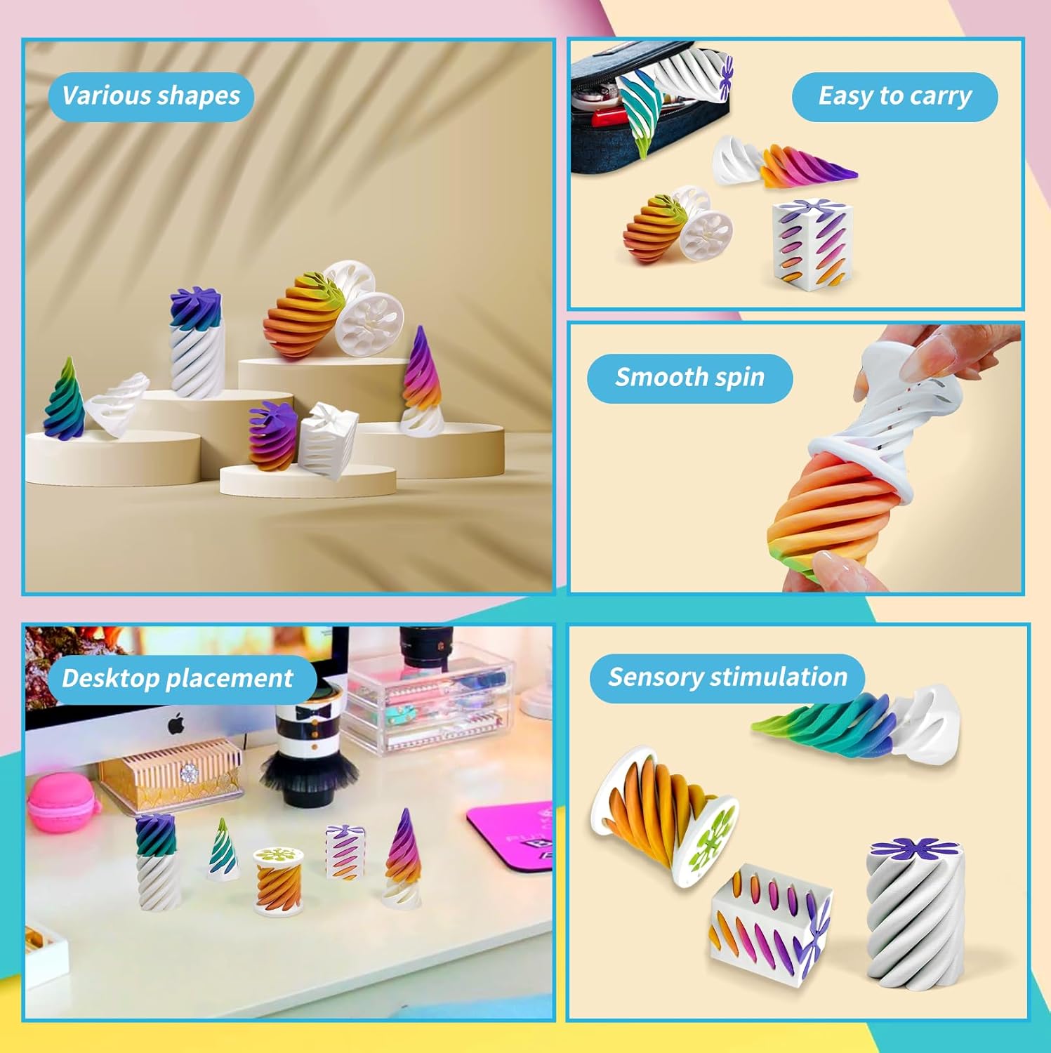 5 Pack Impossible Passthrough Fidget Toy, 3D Printed Impossible Cone, Rainbow Gradient Colors with White Base, 3D Printed Stress-Relief Toys for Adults