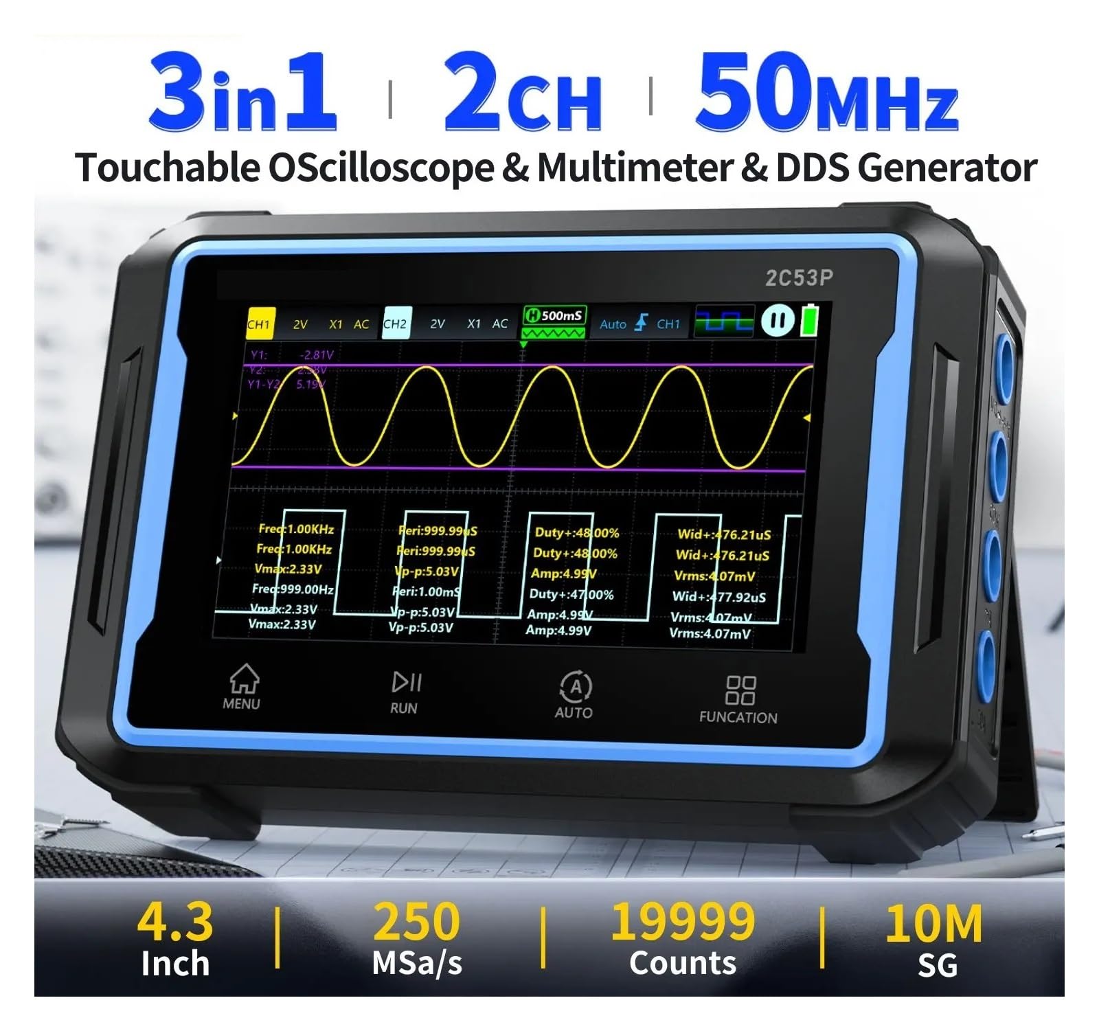2C53P Oscilloscopio digitale touch screen + multimetro + generatore di segnale 3 in 1 doppio 50 MHz Osciloscópio Tools