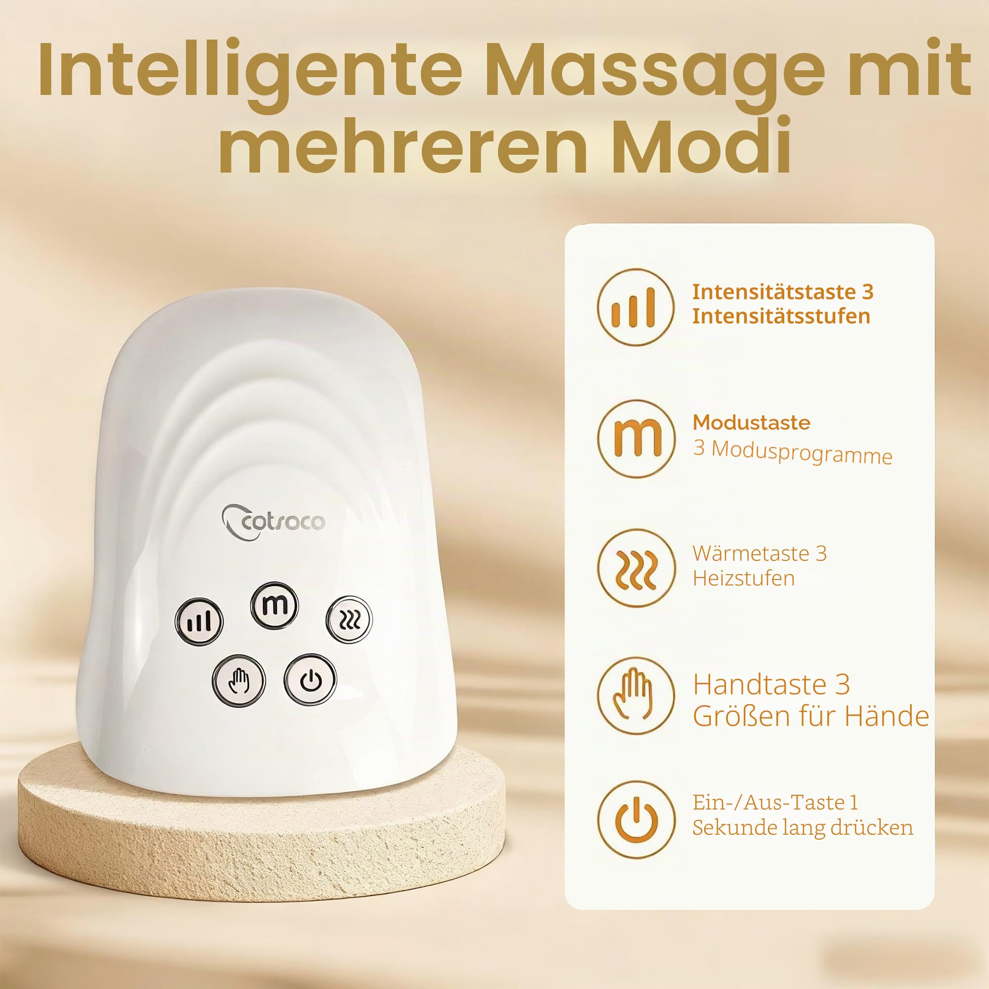 cotsoco Elektrisches Handmassagegerät mit Wärme und Kompression, Kabelloser Hand Massager zur Schmerzlinderung für Finger, Hände und Handgelenk, Geschenke für Damen und Herren, Weiß