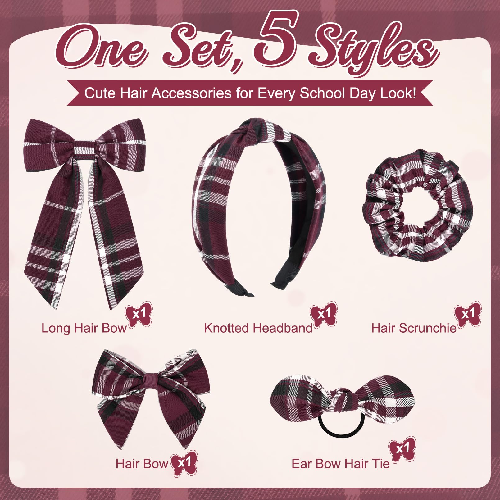 Plaid Hair Bows Set with Headband and Scrunchie School Uniform Accessories Plaid 98/back to School/girls Hair Accessories/scrunchie  main image 4
