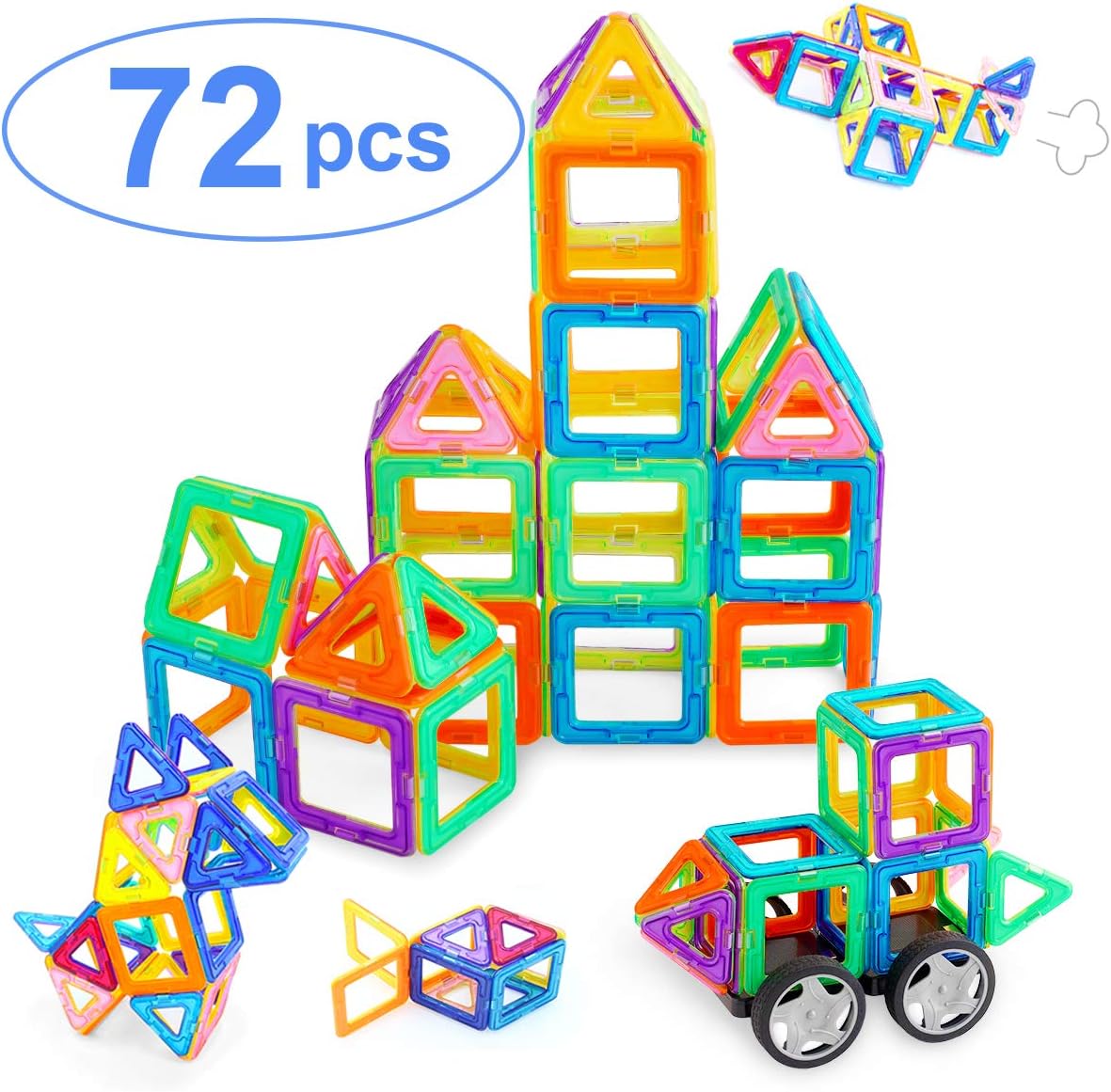 Ranphykx Magnetic Blocks, 72 Pieces Magnetic Building Blocks, Magnetic Tiles Educational Construction for Kids Toys