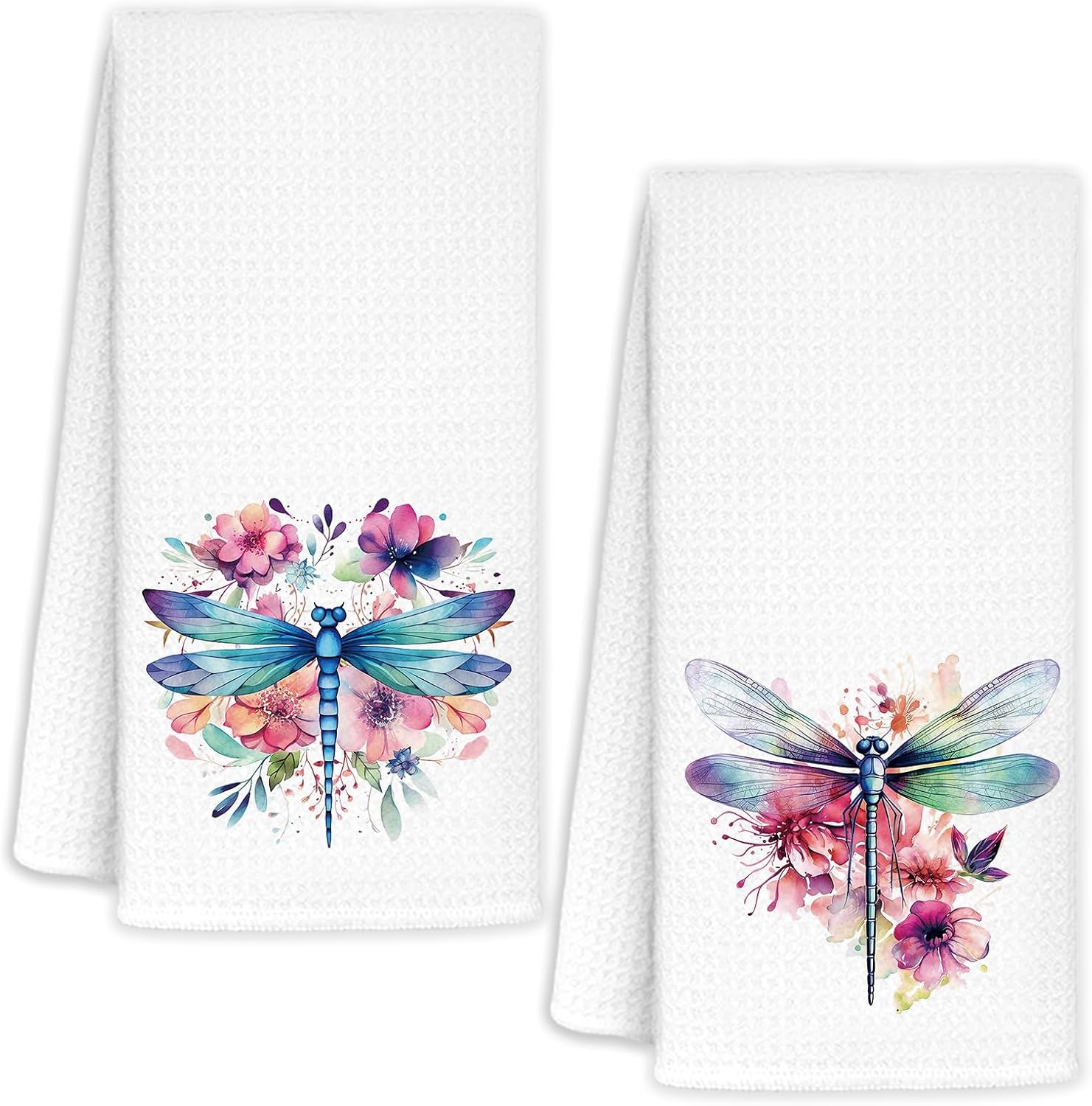 Watercolor Dragonfly Kitchen Towels, Rustic Floral Botanical Insect Hand Towels for Bathroom, Dragonfly Gifts for Women Decorative Dish Tea Towel, 16x24 Inch Set of 2