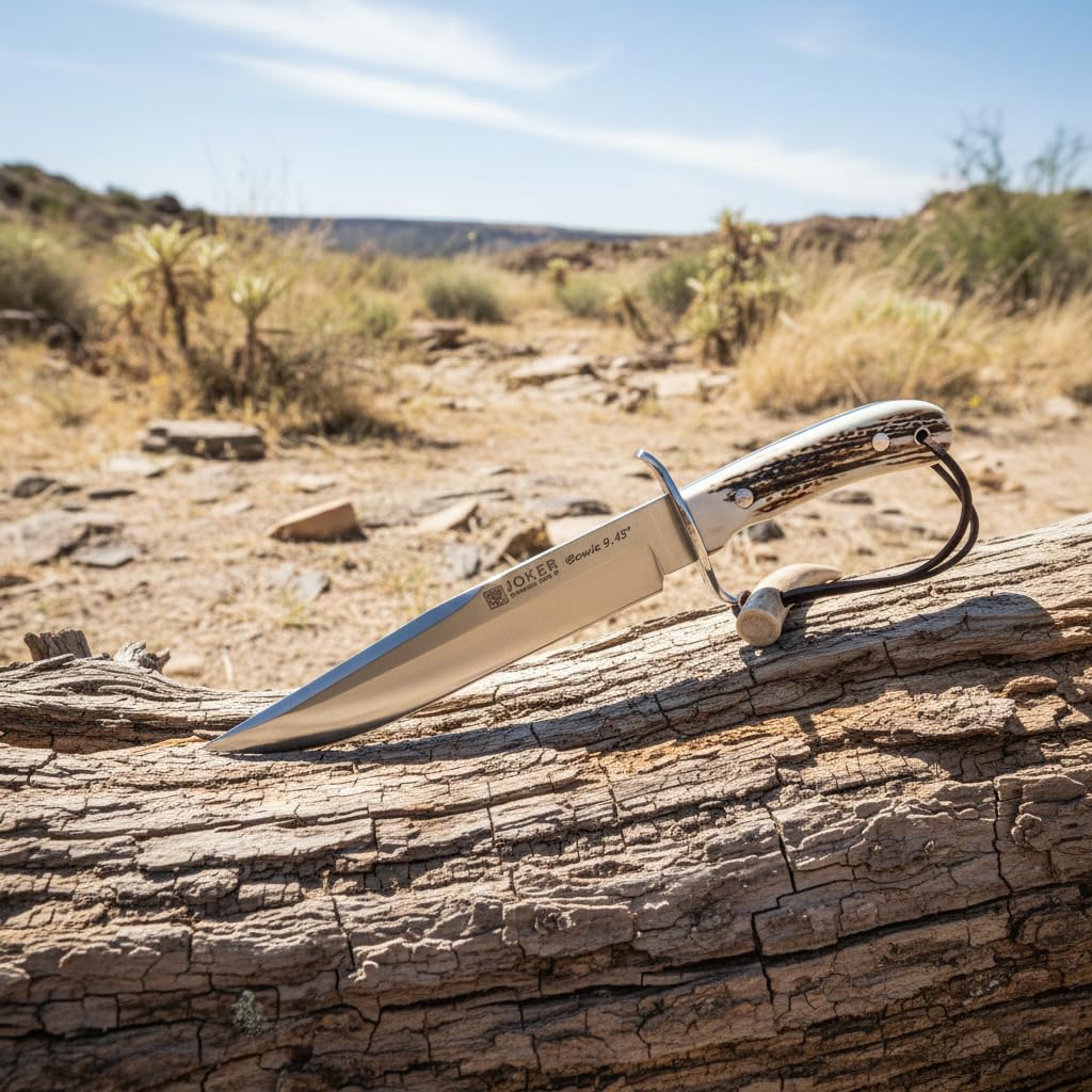 Joker Bowie Jagdmesser 9,45” CC139 mit Edelstahl-Schutz, Hirschhorngriffen, gerader Klinge von 23,5 cm, 554 gr, brauner Lederscheide, Werkzeug zum Angeln, Jagen, Campen und Wandern