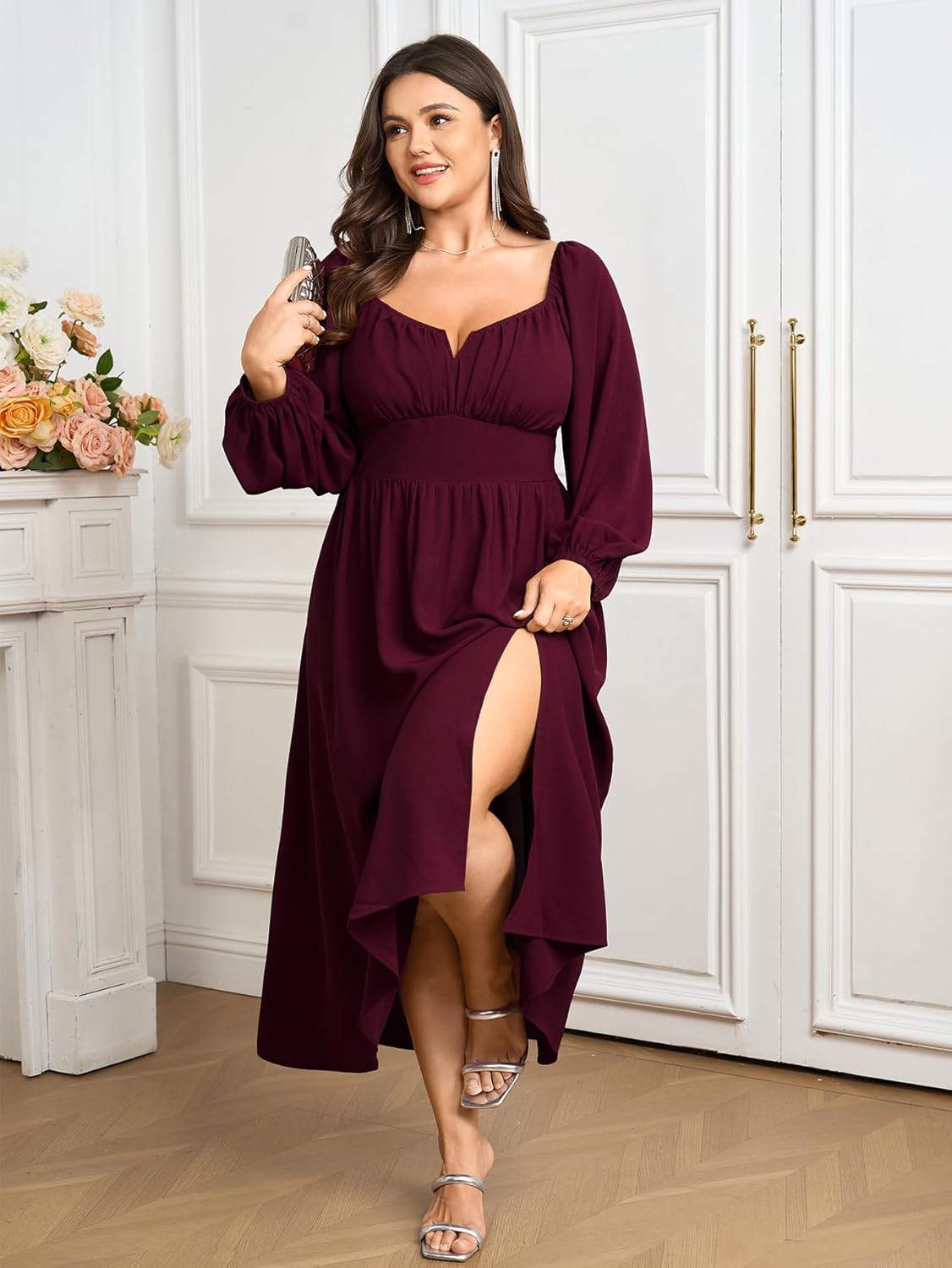 SCOMCHIC Women Plus Size Formal Dresses Long Sleeve Square Neck Wedding Guest Cocktail Split A-Line Maxi Long Dress - Image 3