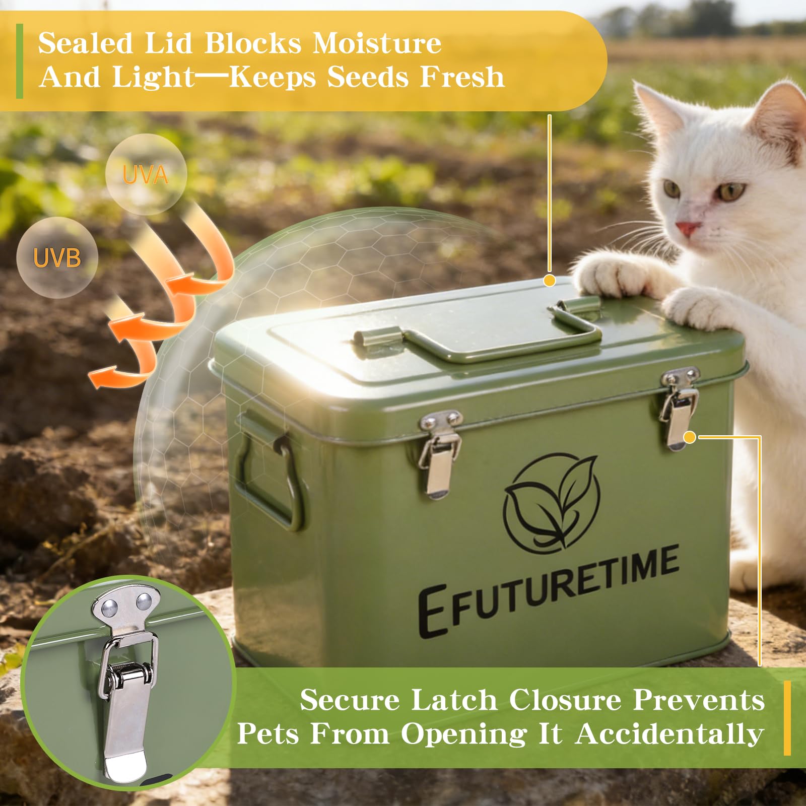 efuturetime Caja de Metal para Almacenamiento de Semillas 20,5×13,5×16cm, Organizador de Semillas de Jardín con 3 Compartimentos, Almacenamiento Semillas Flores Verduras Regalo Jardineros, Verde