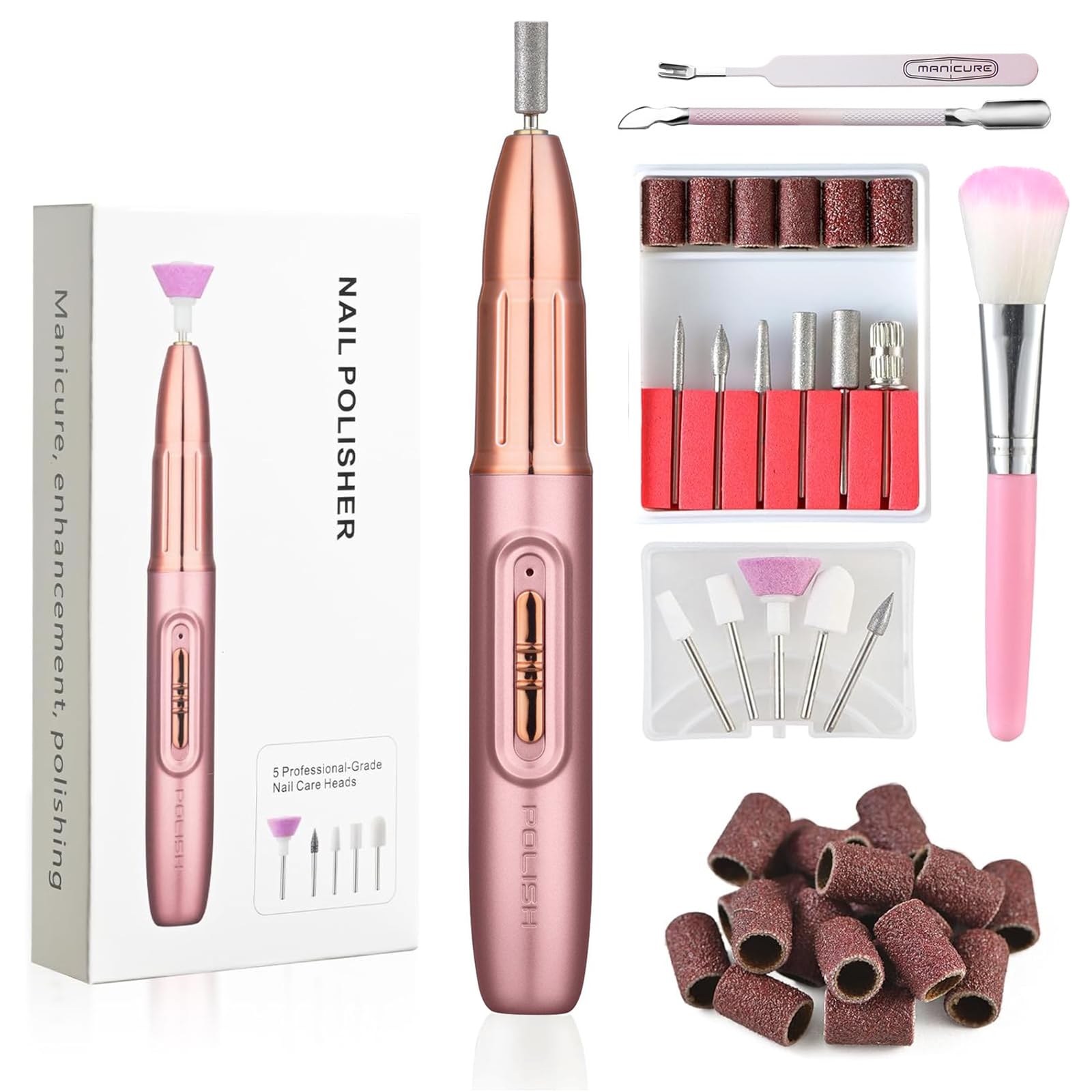OKYUK Electric Nail Drill Kit - Professional Manicure & Pedicure Set including 11 Drills & Sanding Bands, Pink