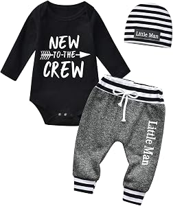 Newborn Baby Boy Clothes Outfits Little Infant Boy Letter Print Romper Tops Bodysuit Long Pants Hat 3pcs Set