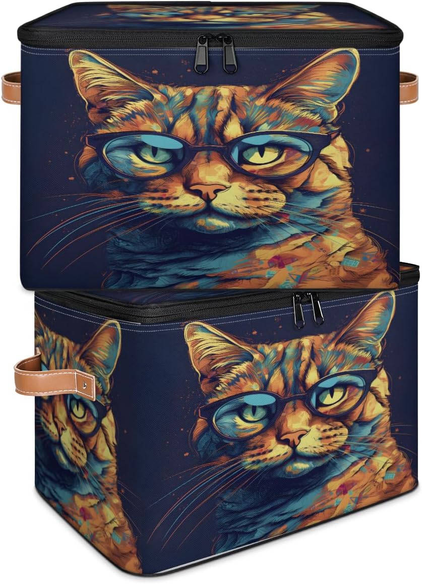 Storage Bin Set of 2 Animal Cat Storage Basket with Zipper Lid & Handle Foldable Closet Shelf 2 Pack Cloth Organizer Basket Cube Bins Clothes Organizer for Bedroom, Nursery