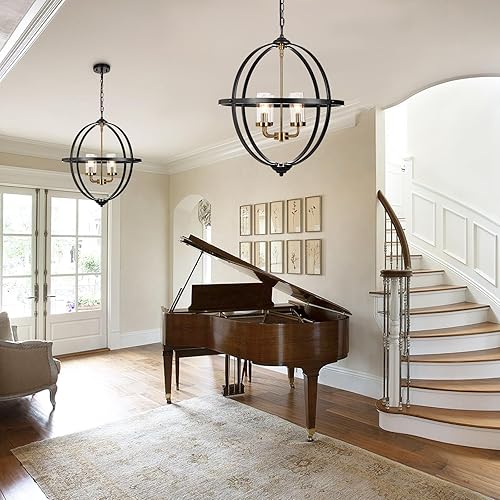 Miniatura 7 de Treekee Lámpara de araña rústica, cubierta de cristal con acabado negro y dorado, de lujo, 4 luces de globo vintage, lámparas de techo colgantes