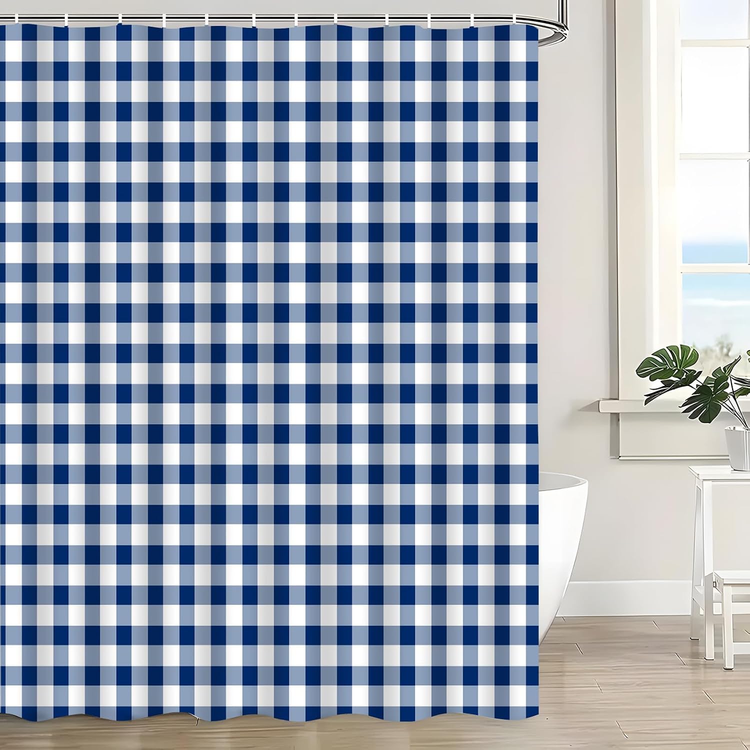Navy Blue White Shower Curtain Buffalo Check Plaid Classic Gingham Farmhouse Checkered Vintage Grid Minimalist Simple Modern Bath Decor Curtain with Hooks, 70x70 Inch