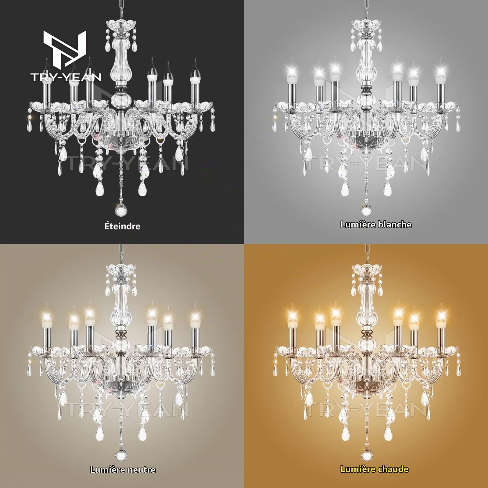 Lustre Baroque à 6 Bras Lustre Transparent Cristal K5 Lustre Pampille Suspension Lampe de Plafond avec Chaîne Réglable pour Chambre, Salon, Salle à Manger, Restaurant, E14