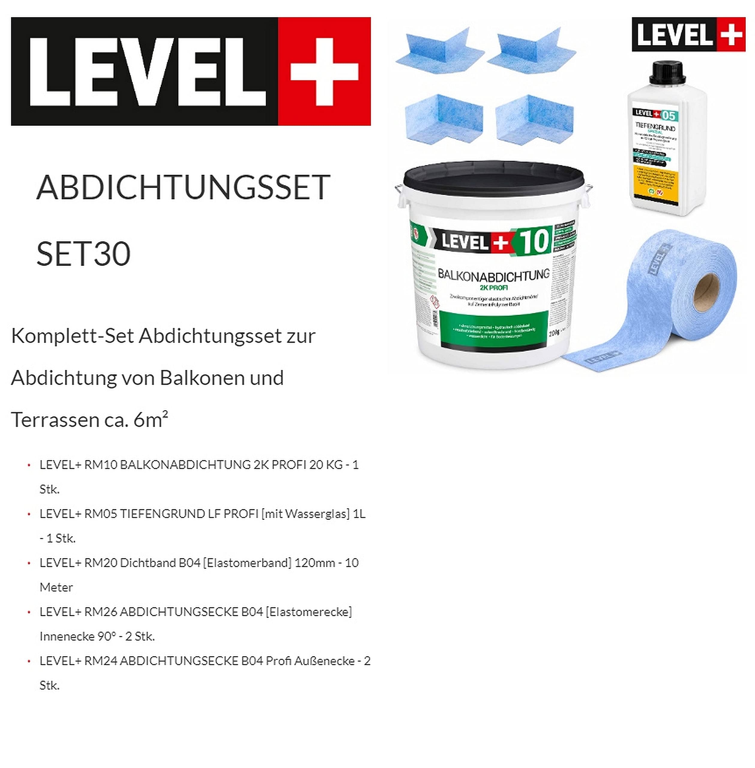 Dicht-Set 20Kg Balkonabdichtung 6m², 2 Innenecken, 2 Außenecke, 10M Dichtband, 1L Tiefengrund mit Wasserglas SET30