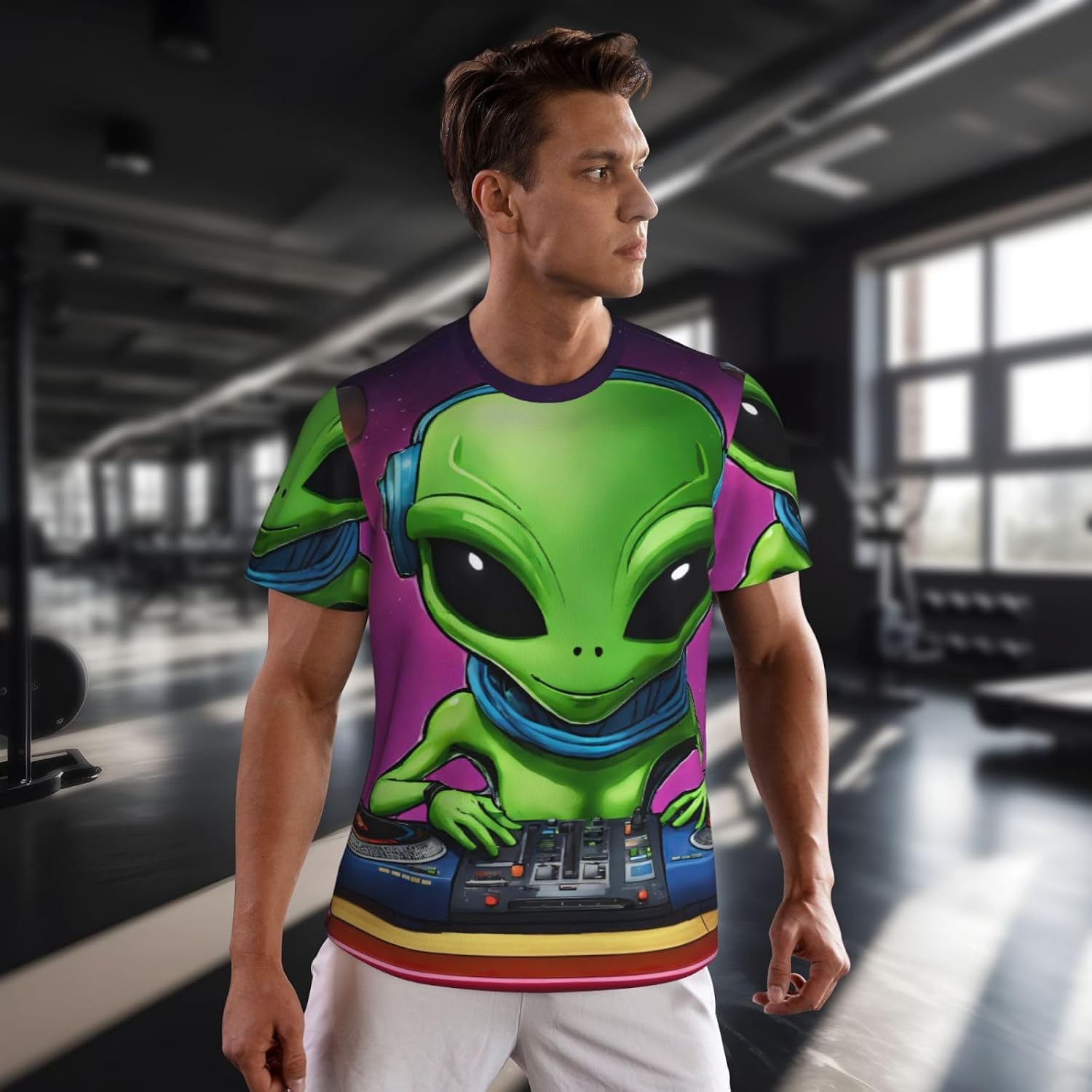 Green Alien Print Mens Short Sleeve Mesh T-Shirt Breathable Athletic Gym Running Casual Sports Wear
