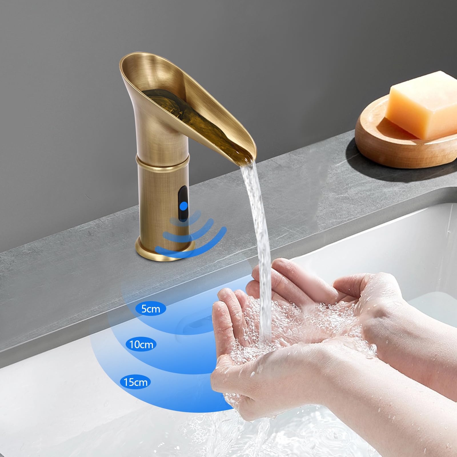 Rubinetto con sensore, rubinetto automatico con sensore a infrarossi, rubinetto a cascata, miscelatore per lavabo, rubinetto da cucina, altezza erogatore 100 mm (oro)
