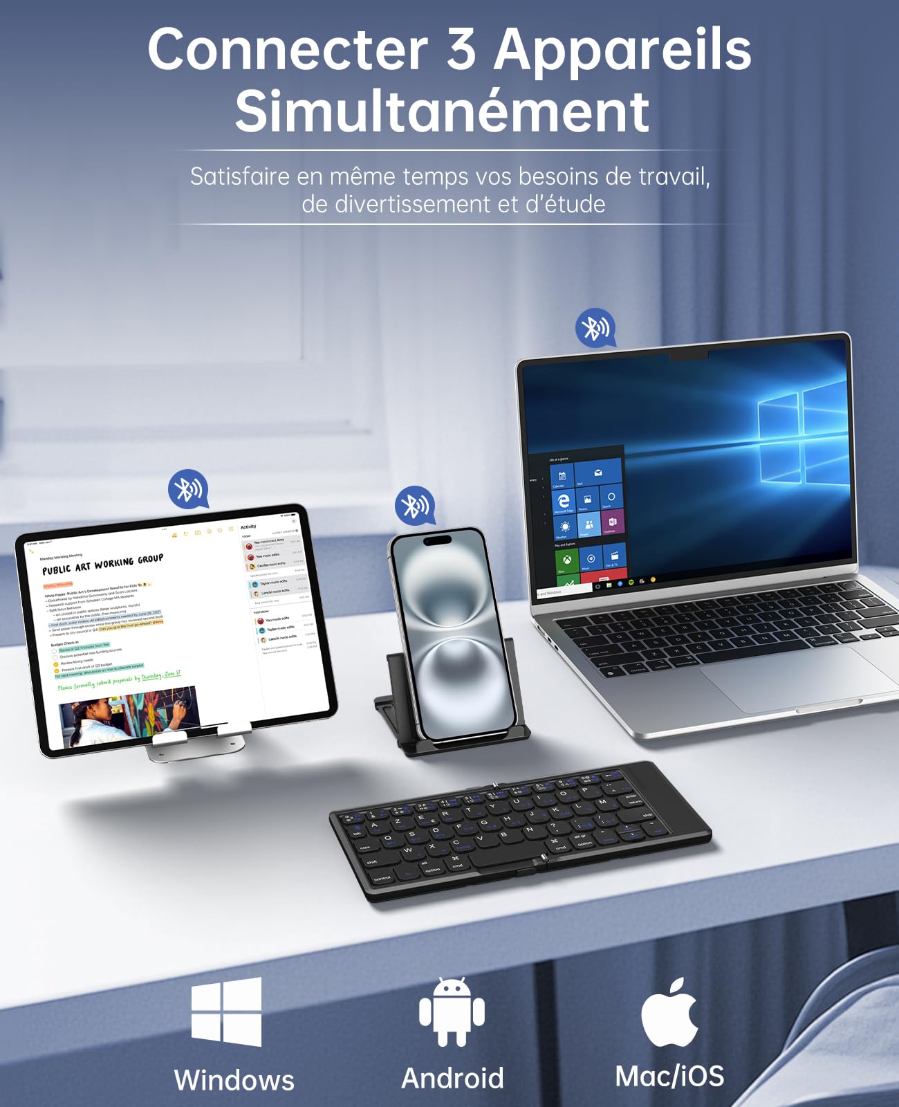 TiMOVO Teclado Bluetooth AZERTY para Windows iOS Android Mac, Negro | Mini Teclado Inalámbrico Plegable de Viaje, Diseño Portátil Recargable para iPad, iPhone, Tablet, Smartphone y PC