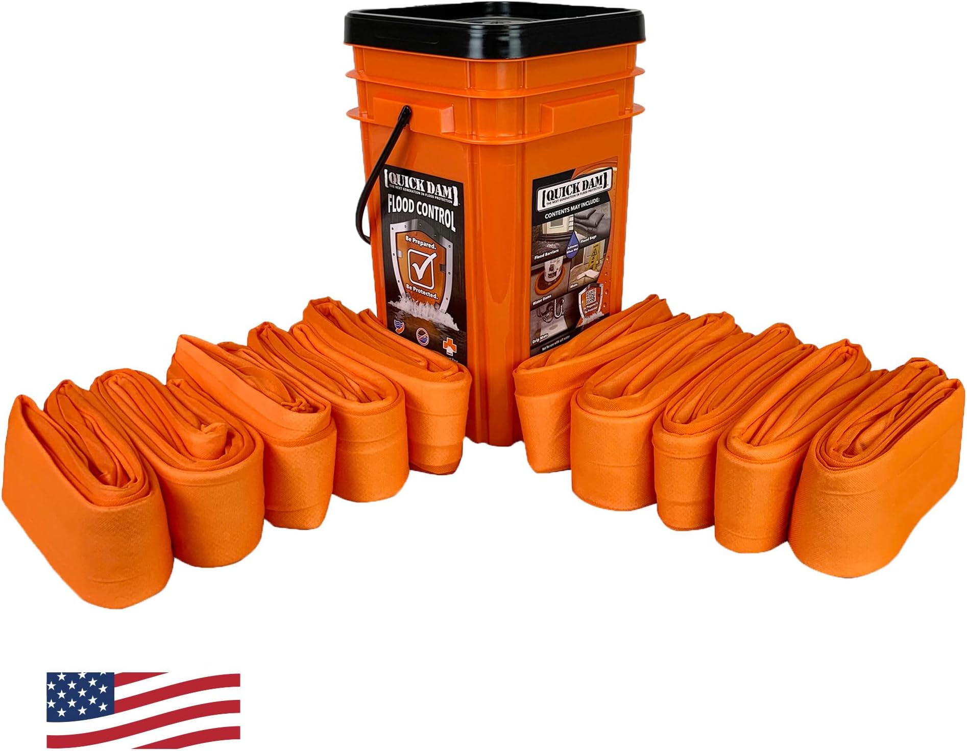 WUGG10-10 Emergency Flood Kit – 10 Pack of 10ft Water Dams (100ft Total) – Absorbs 3.75 Gal Each – Fast-Acting Indoor Flood Barrier with Hi-Vis Orange Bucket