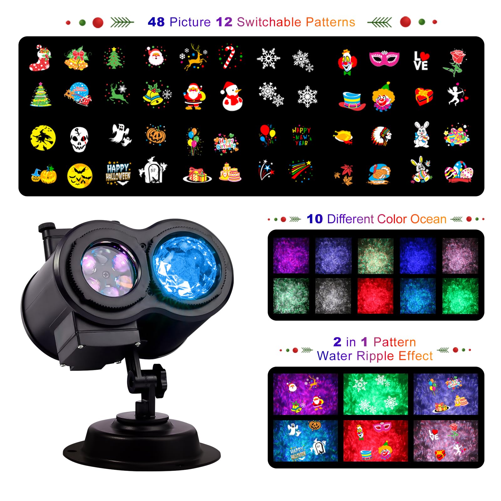 Temgin Christmas Projector Lights Outdoor, 2-in-1 48 HD Effects Patterns & 10 Ocean Wave Snowflake Projectors with Remote Control Timer, IP65 Holiday Light Projector for Xmas Halloween Home Party