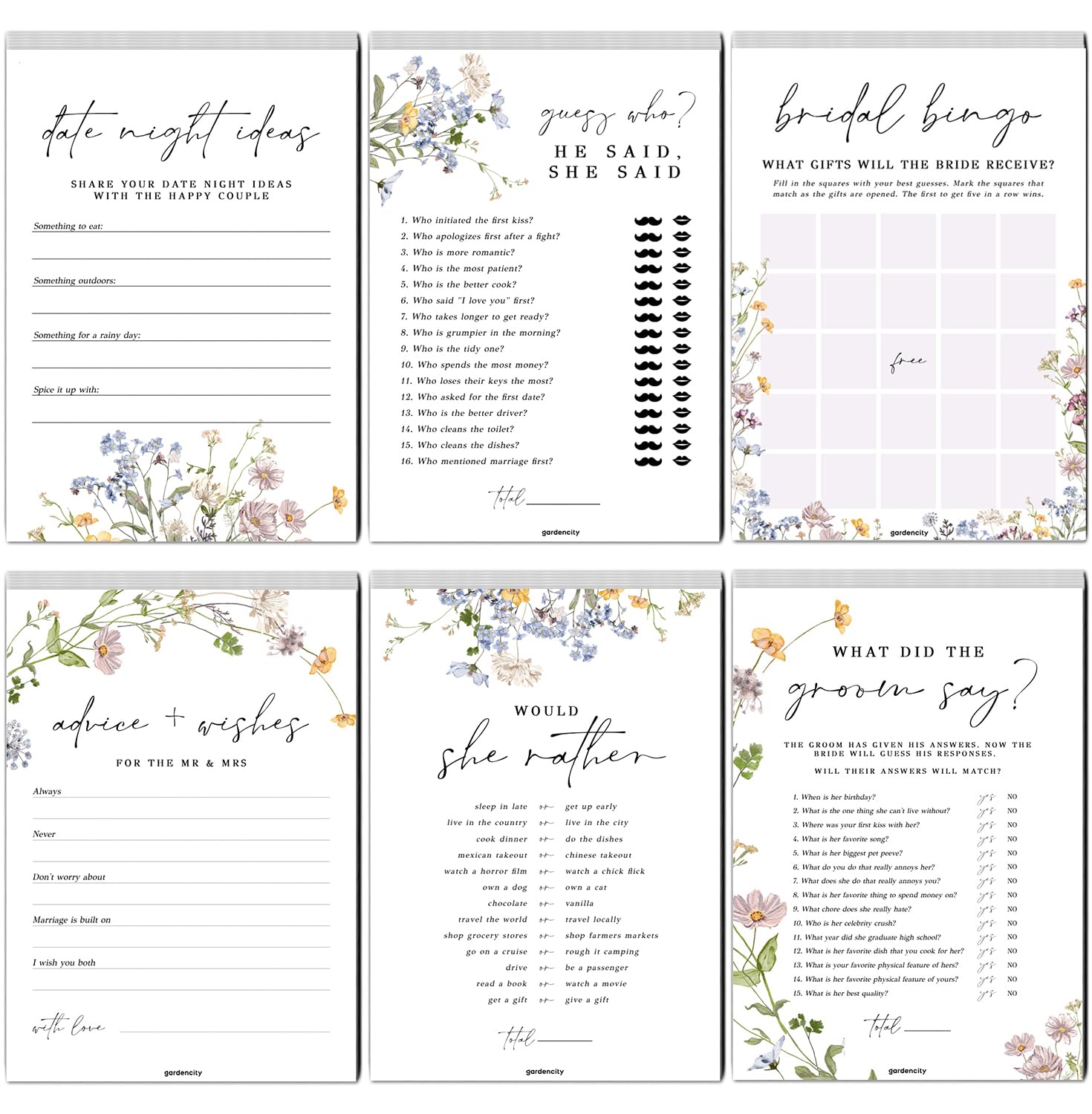 GardenCity Bridal Shower Games Set for 25 Guests - 6 Fun Activities, Double-Sided Cards (Floral)