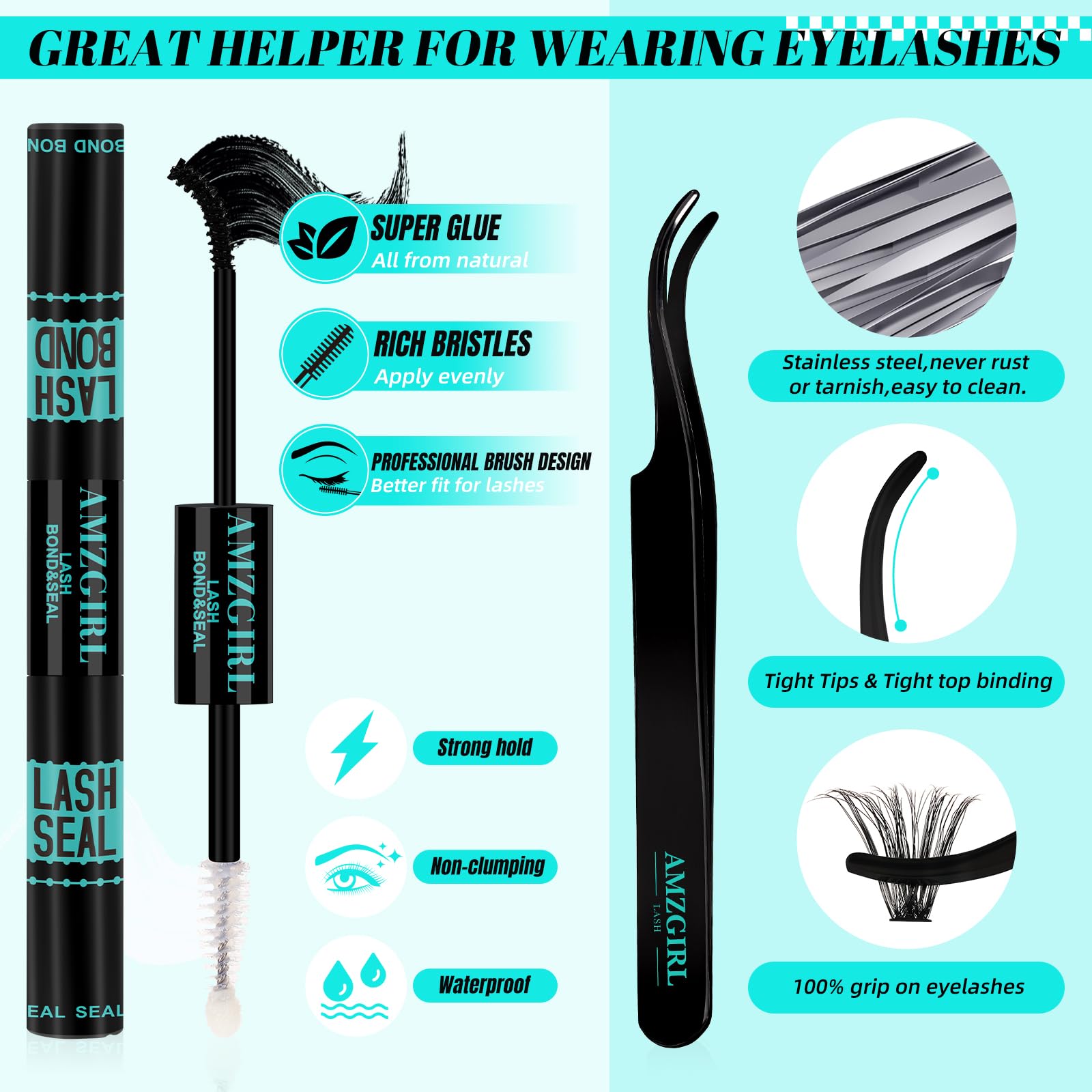 AMZGIRL Ciuffetti Ciglia Finte Kit 280PCS Estensioni Ciglia Kit D Curl Ciglia Finte Lash Clusters Lash Bond e Seal,Glue Remover Pinzette Lash Applicator Tool(6080, 8-16mm Kit)