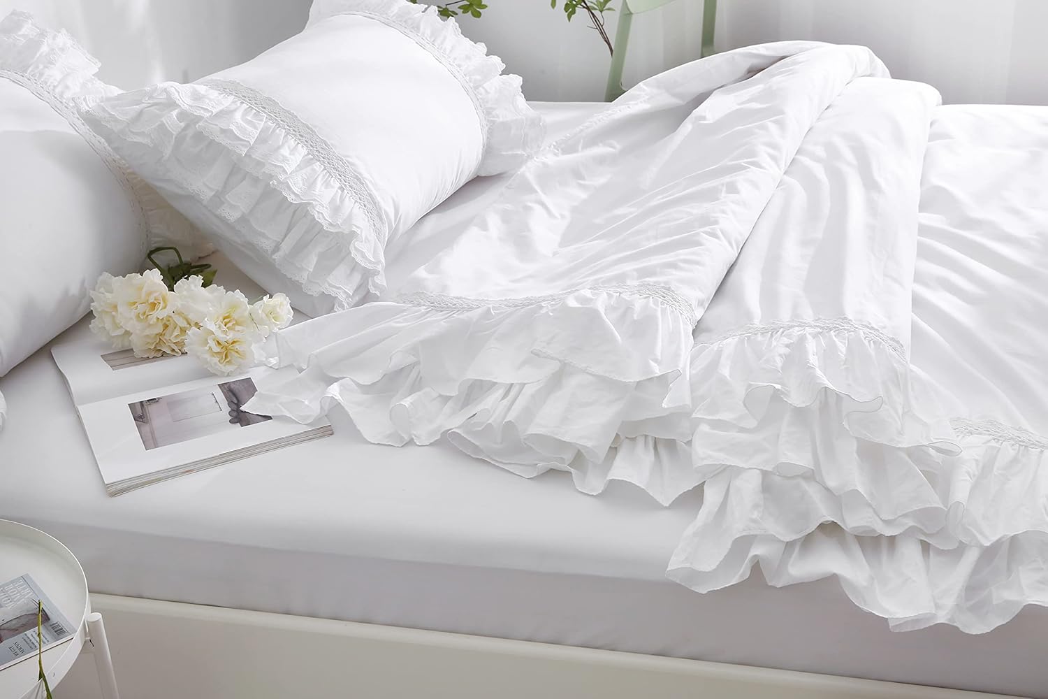 White Queen Duvet Cover with Ruffles and Lace Quilt Cover Egypt Cotton 90x90 Inch 1 Pieces Solid(Not Include Pillowcases and Insert)