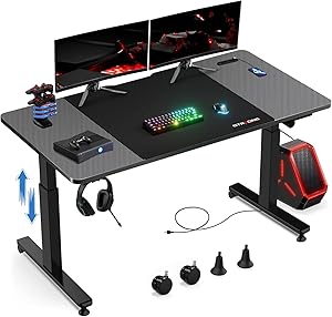 GTPLAYER ゲーミングデスク 手動式昇降デスク コンセント付き キャスター デスクマット フック付き 幅120cm