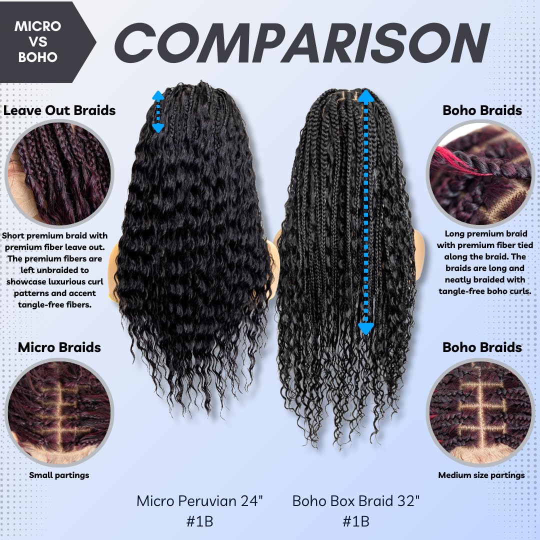 PIB Single Full Lace Braid Wig – Micro Boho Peruvian Deep Wave Box Braided Wig, Knotless Braided Wigs for Black Women, Curly Hair Wig (#1B Off Black, 24" Small-Medium)