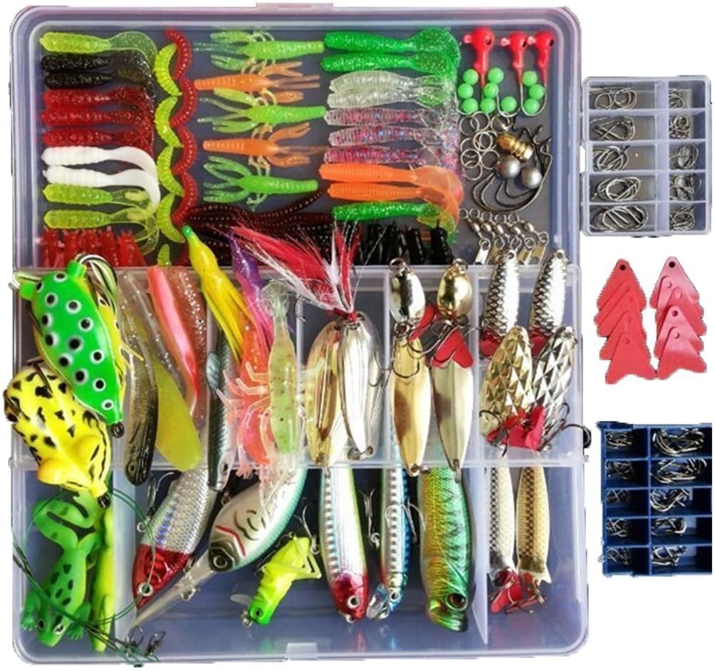 Fishing Lures Kit 273pcs/Set Fishing Tackle Box Crankbaits Spinnerbaits Plastic Worms Minnow Popper Pencil Hard Metal Lures Soft Fishing Jigs Fishing Hooks + 2 Frog Lures Gifts