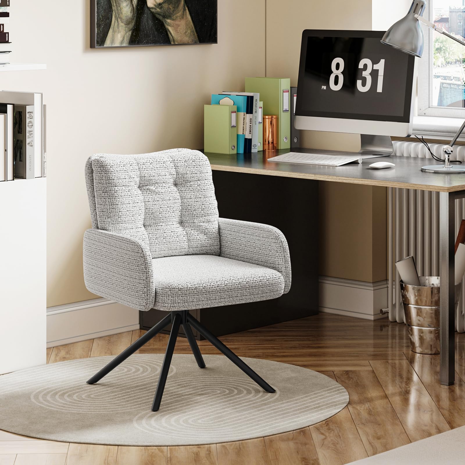 Hadwin Armchair Tub Chair, Grey Chenille Vanity Chair, Swivel Desk Chairs with Double Cushions and Metal Frame Legs, Non-Slip Feet for Bedroom Living Room Dressing Room