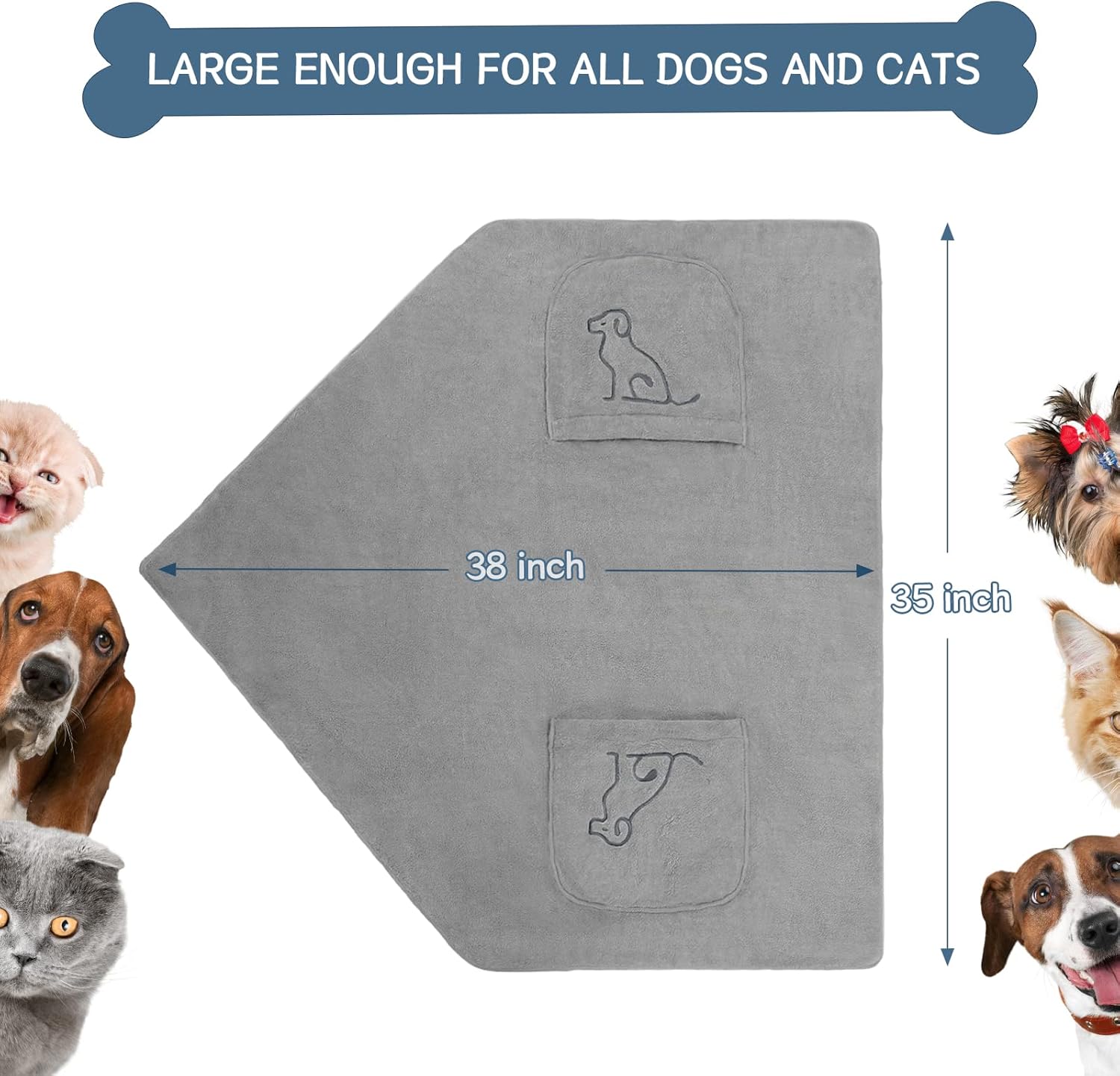 HOMORE Large Dog Towels, 35x38 inch Microfiber Dog Drying Towel for Dogs, Super Absorbent and Dry Quickly Dog Bath Towel Hooded Pet Towels for Dogs’ Shower Bath Swimming, Grey : Pet Supplies