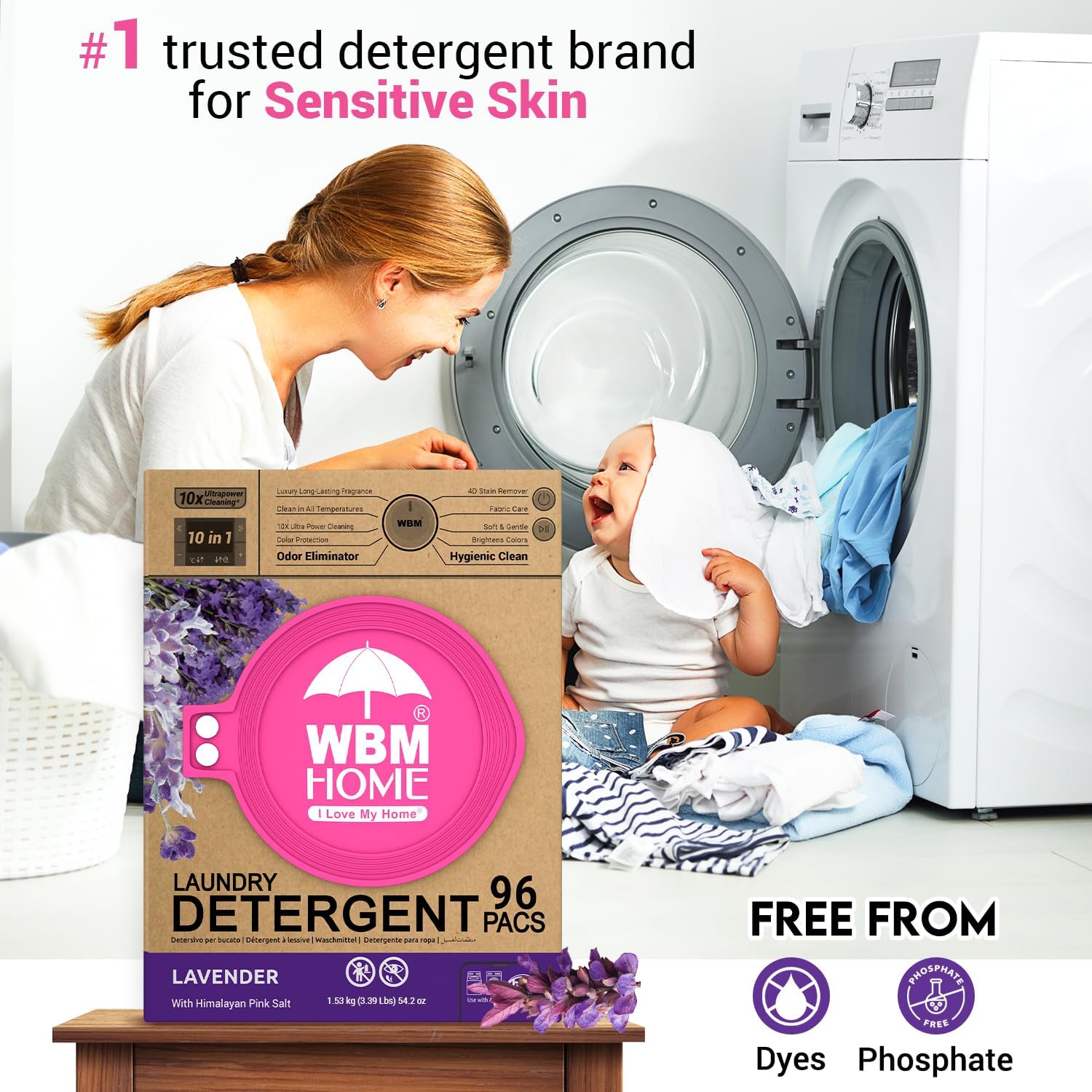 WBM 10-in-1 Laundry Pods with Softener & Scent Booster, 96 Count, High Efficiency (HE), Fabric Softener, Lavender Extracts, Stain Lifter, Eco-Friendly, Gentle, Fresh