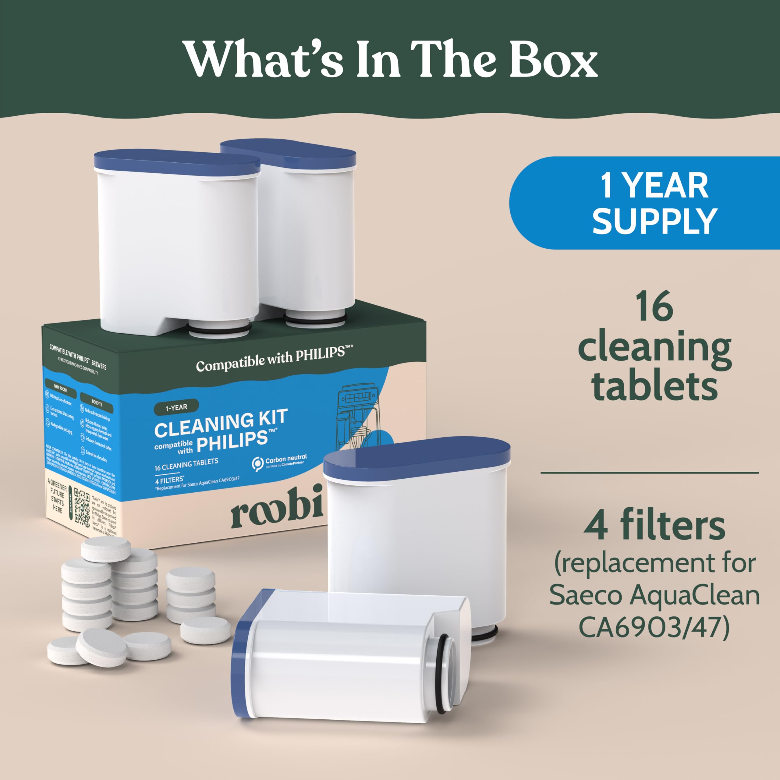 Roobi Tabletas y filtros de limpieza compatibles con Philips Espresso | 16 tabletas de limpieza espresso, 4 filtros de agua, carbono neutro, suministro de 1 año. Compatible con Saeco