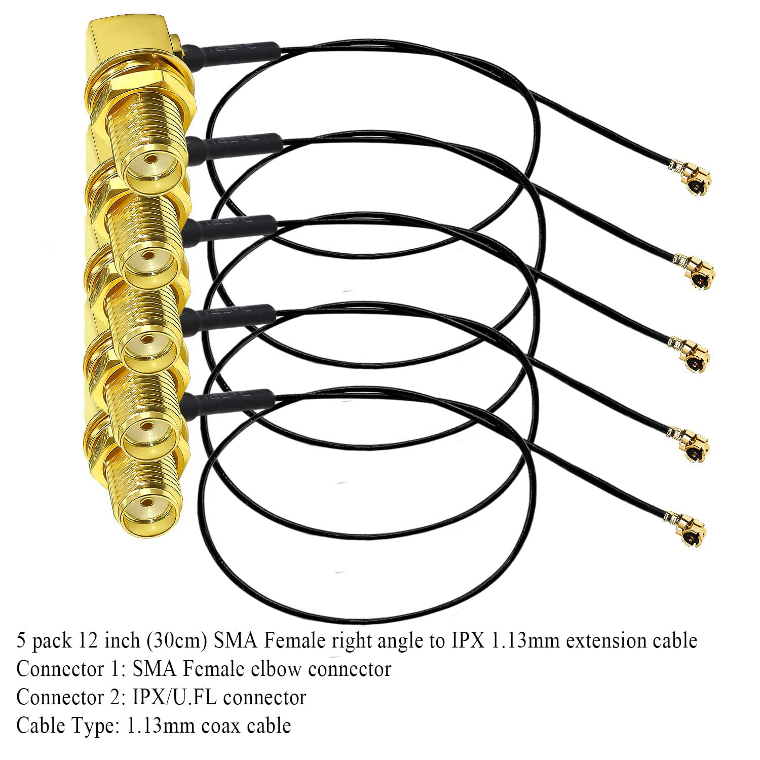 TUOLNK Gniazdo SMA kątowe do U.FL IPX kabel koncentryczny IPX UFL do gniazda SMA, łokieć RF, przedłużacz anteny WiFi, do karty sieciowej, router bezprzewodowy, 30 cm, 5 sztuk