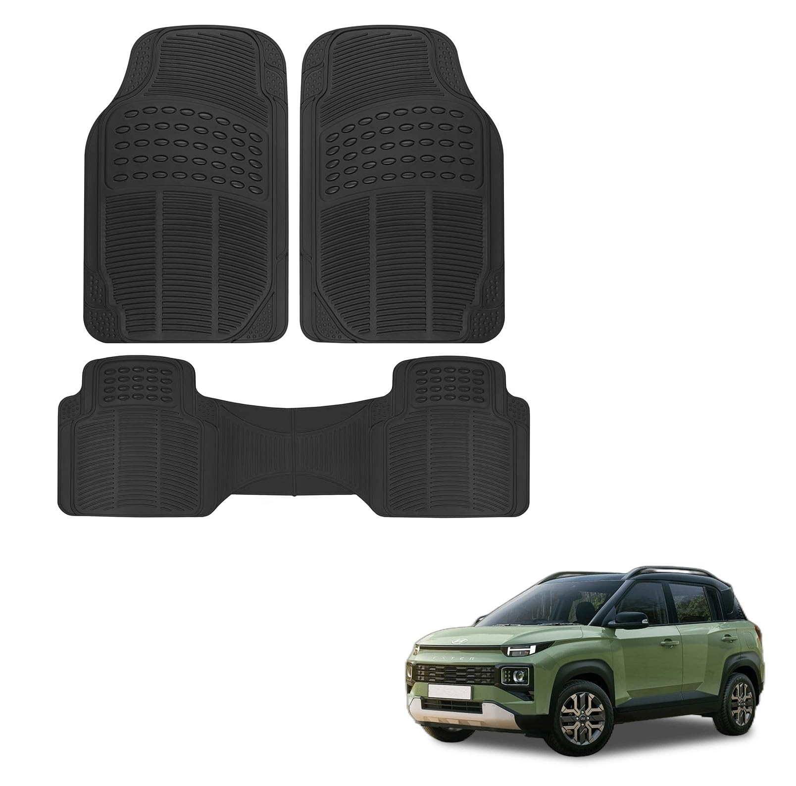 Kozdiko Heavy Duty Car Floor Rubber Mats (Black) Set of 3 Compatible with Hyundai Exter