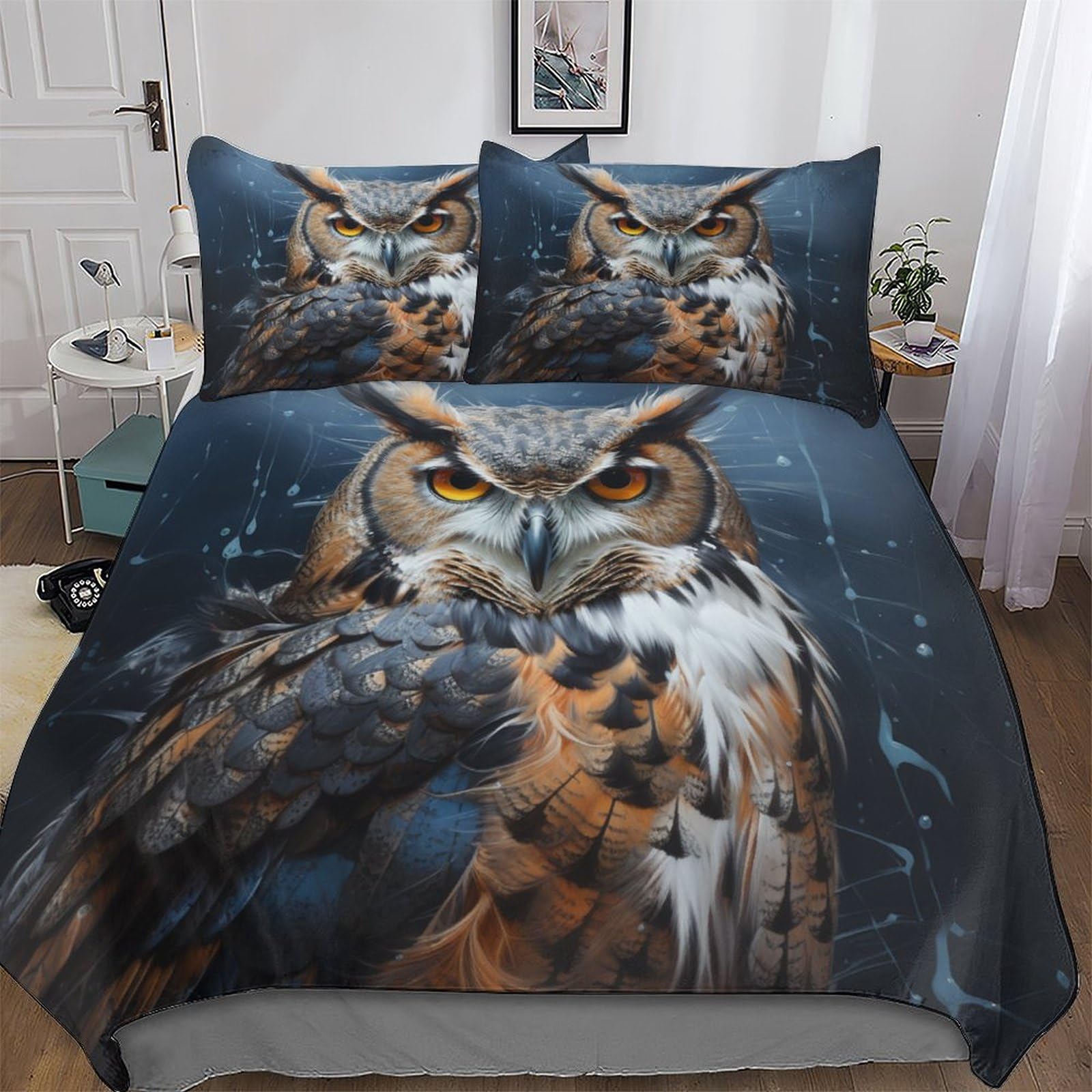 Housse de couette king 220x240cm Hibou avec 2 taies d'oreiller en microfibre douce